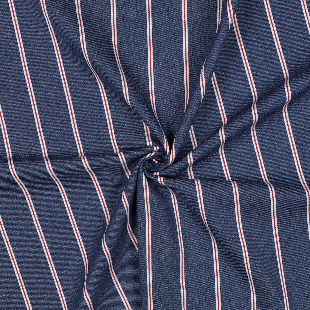 Wide Red Stripes on Blue Denim Fabric
