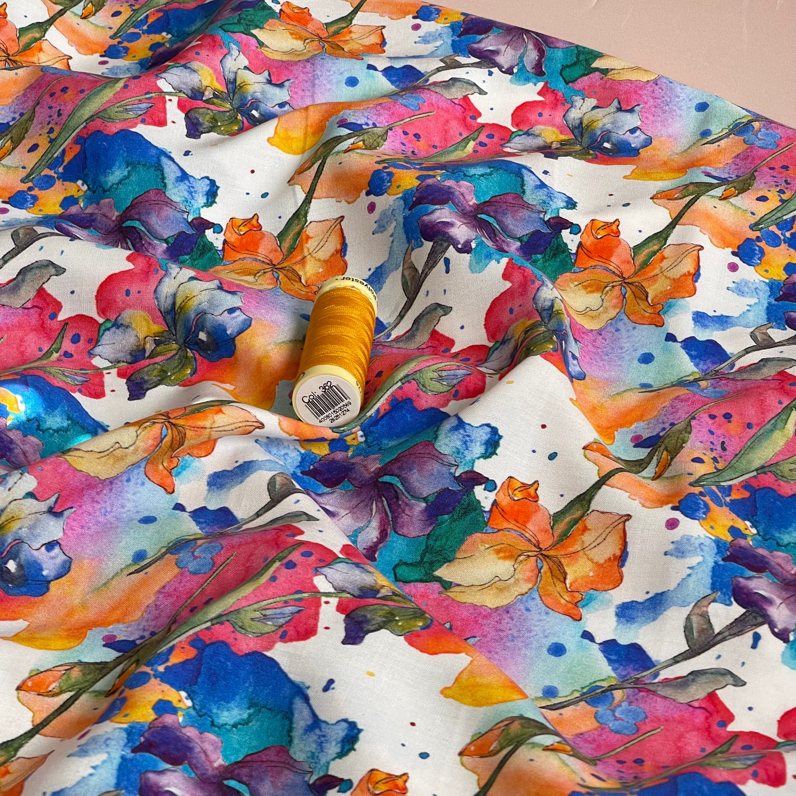 Watercolour Flowers Viscose Poplin Fabric