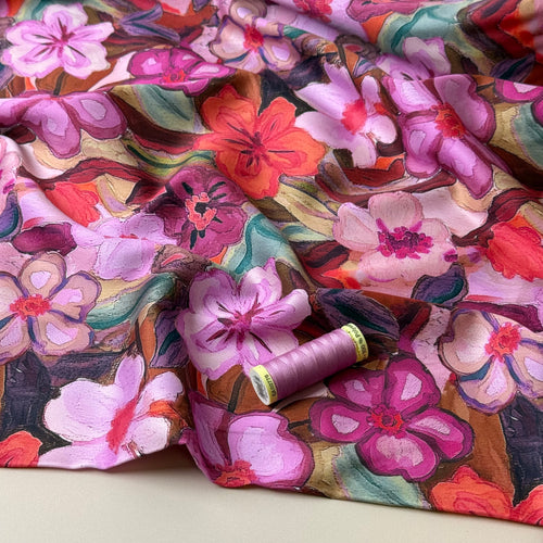 Pink Pastel Flowers Cotton Sateen Fabric