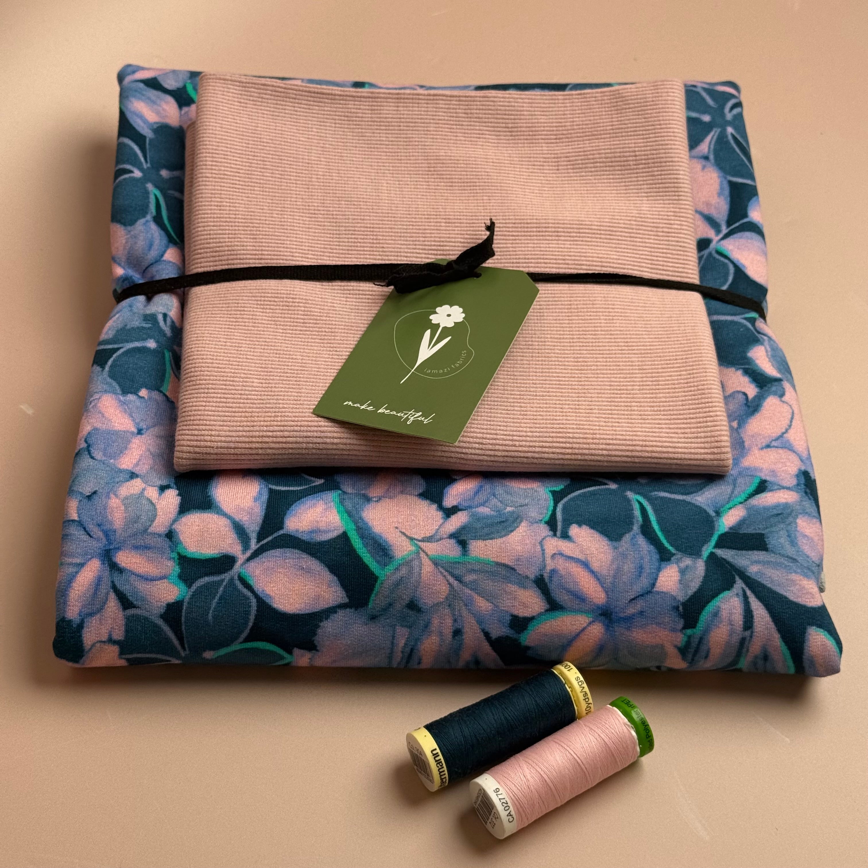 Colour Bundles - Painted Petals Petrol Cotton French Terry & Matching Ribbing