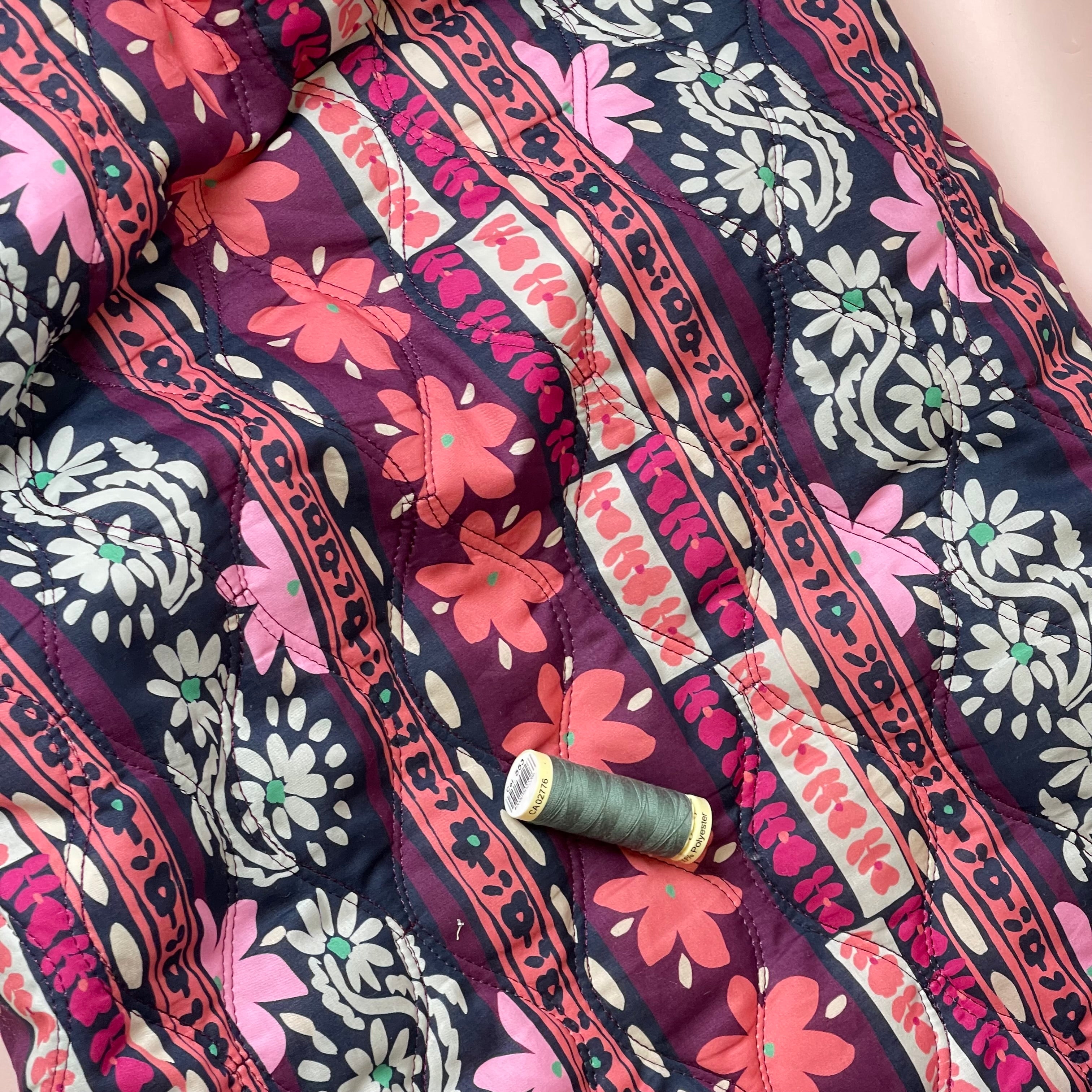 Ornamental Flowers Aubergine Quilted Cotton Fabric