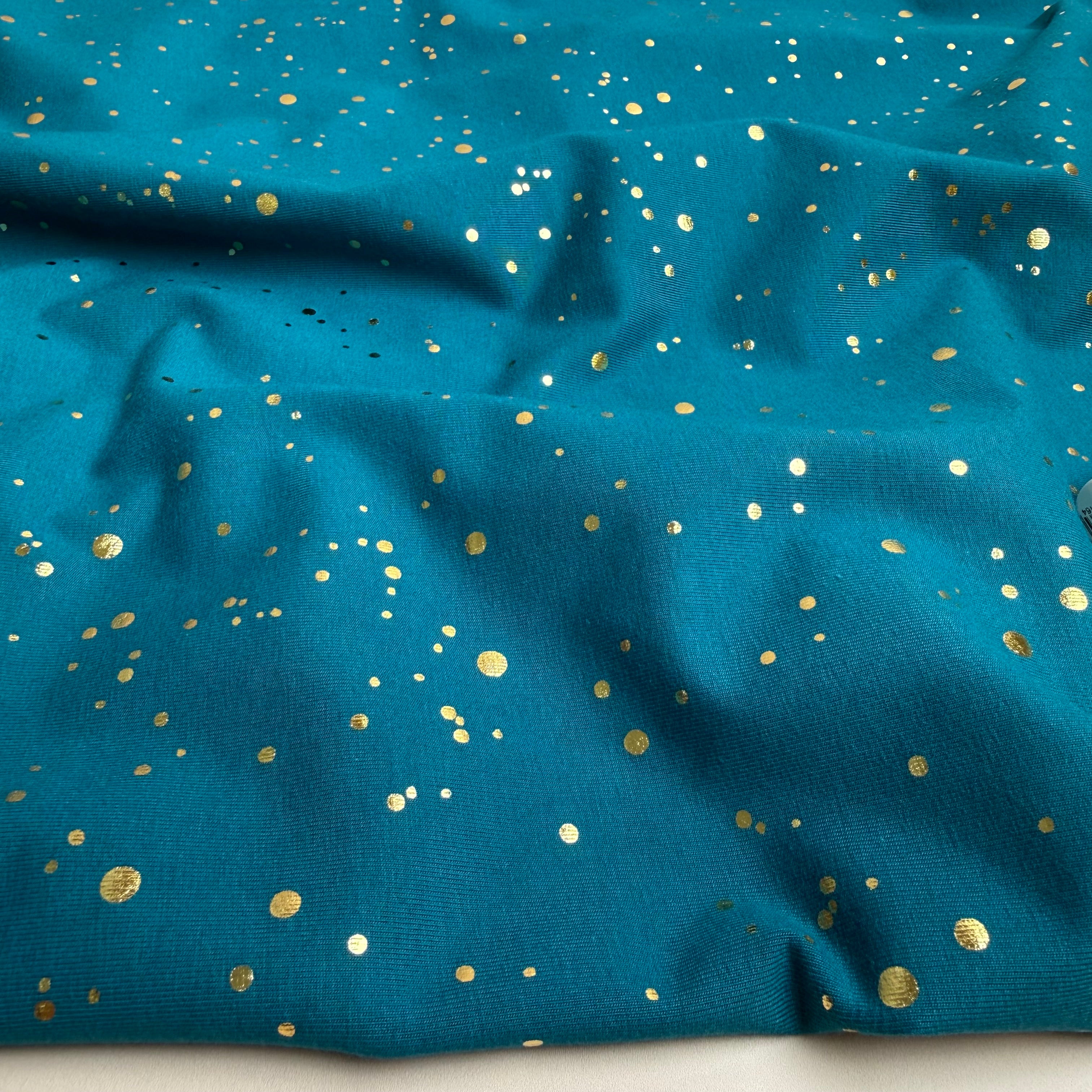 Gold Confetti on Petrol Cotton Jersey Fabric