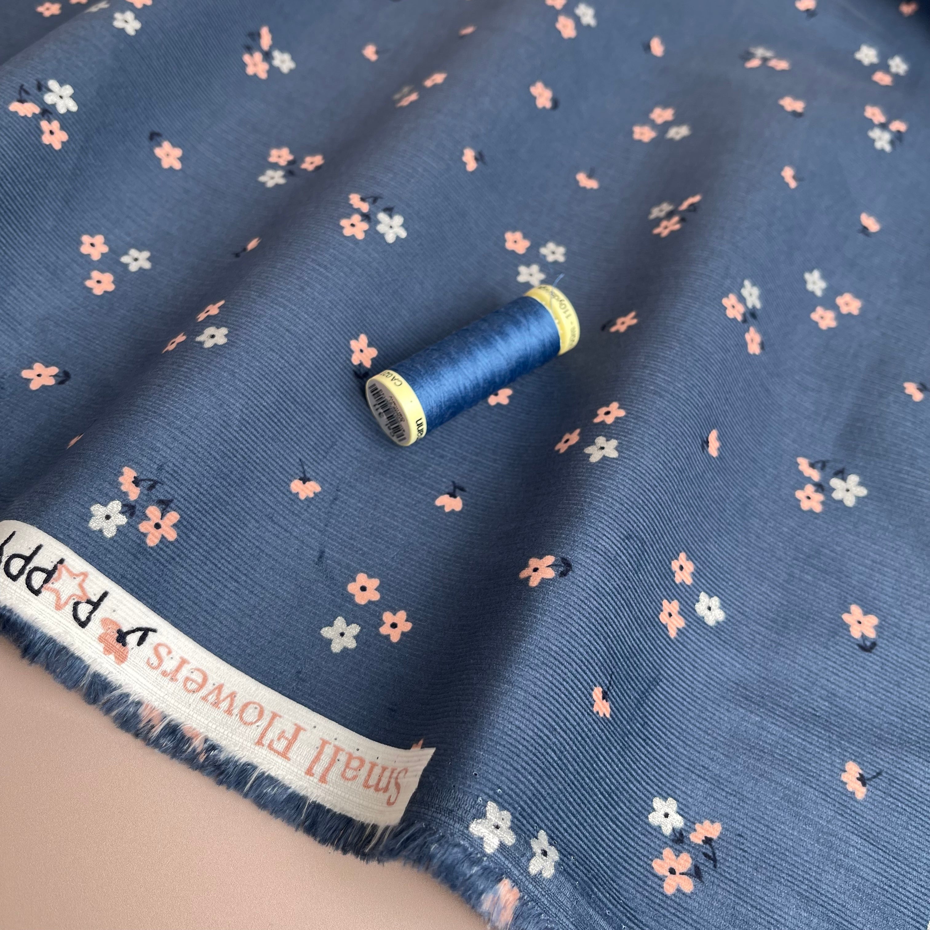 Small Flowers on Denim Blue Cotton Needlecord