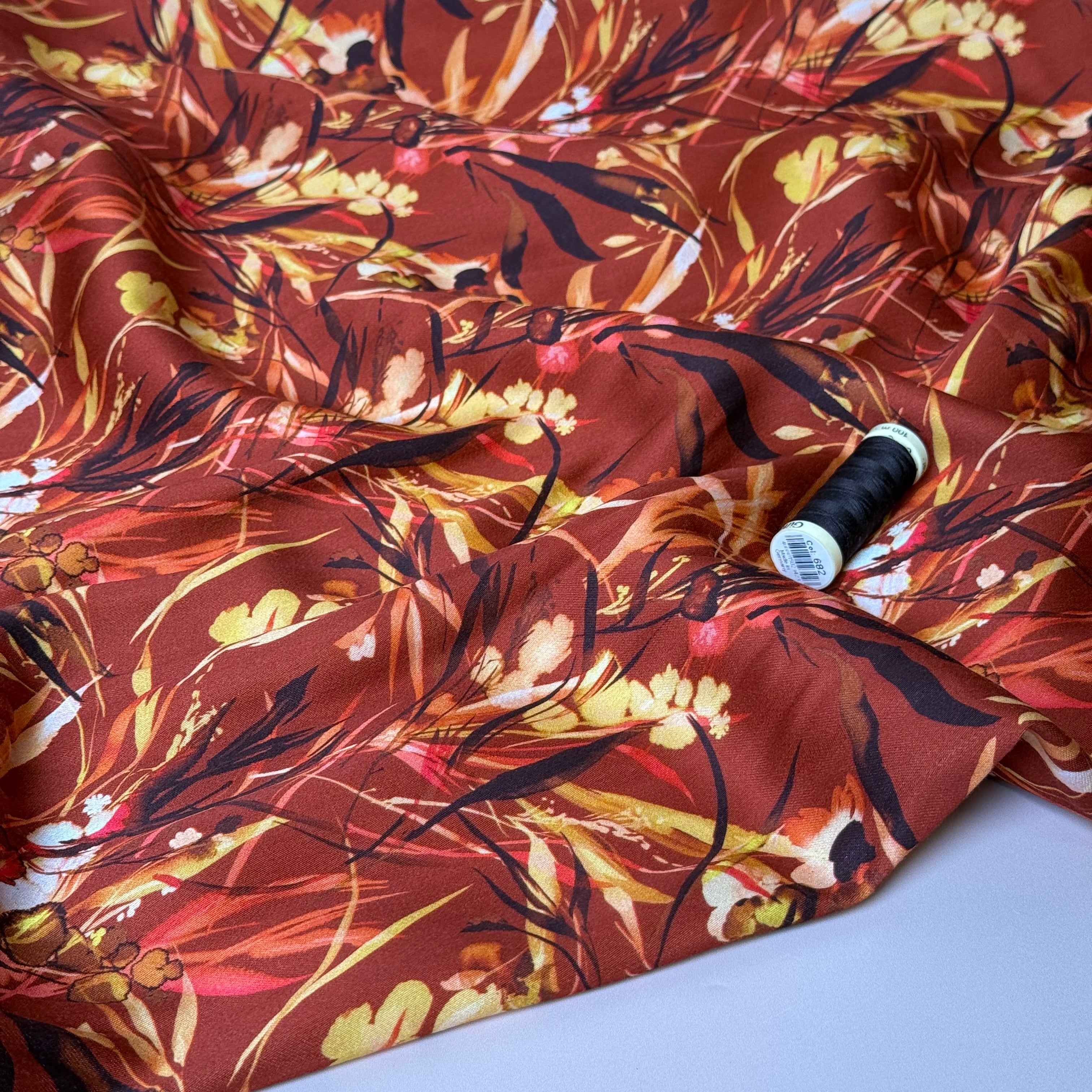 Autumn Foliage Burnt Sienna Viscose Sateen Fabric