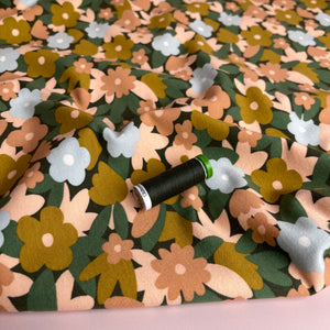 REMNANT 2 Metres - Graphic Meadow on Green Peach Soft Cotton Sweat-shirting Fabric