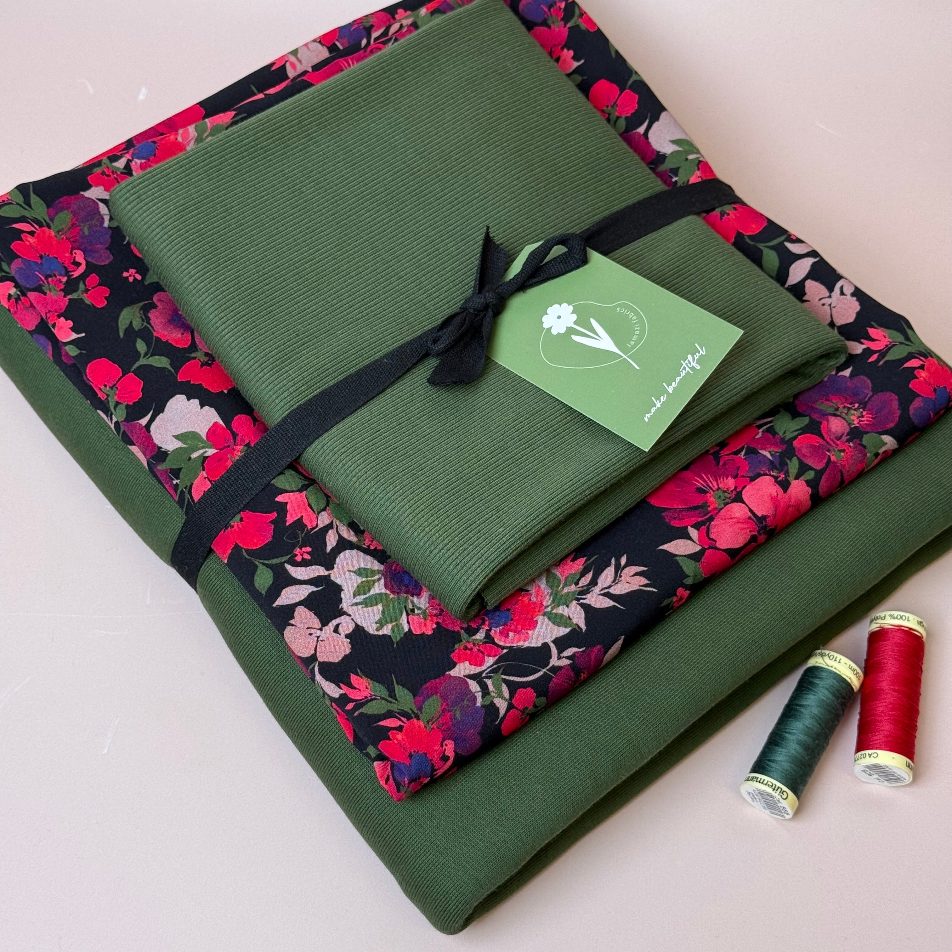 Make an Outfit Colour Bundle - Rosehip Viscose & Brushed Sweatshirt in Green Khaki with Ribbing