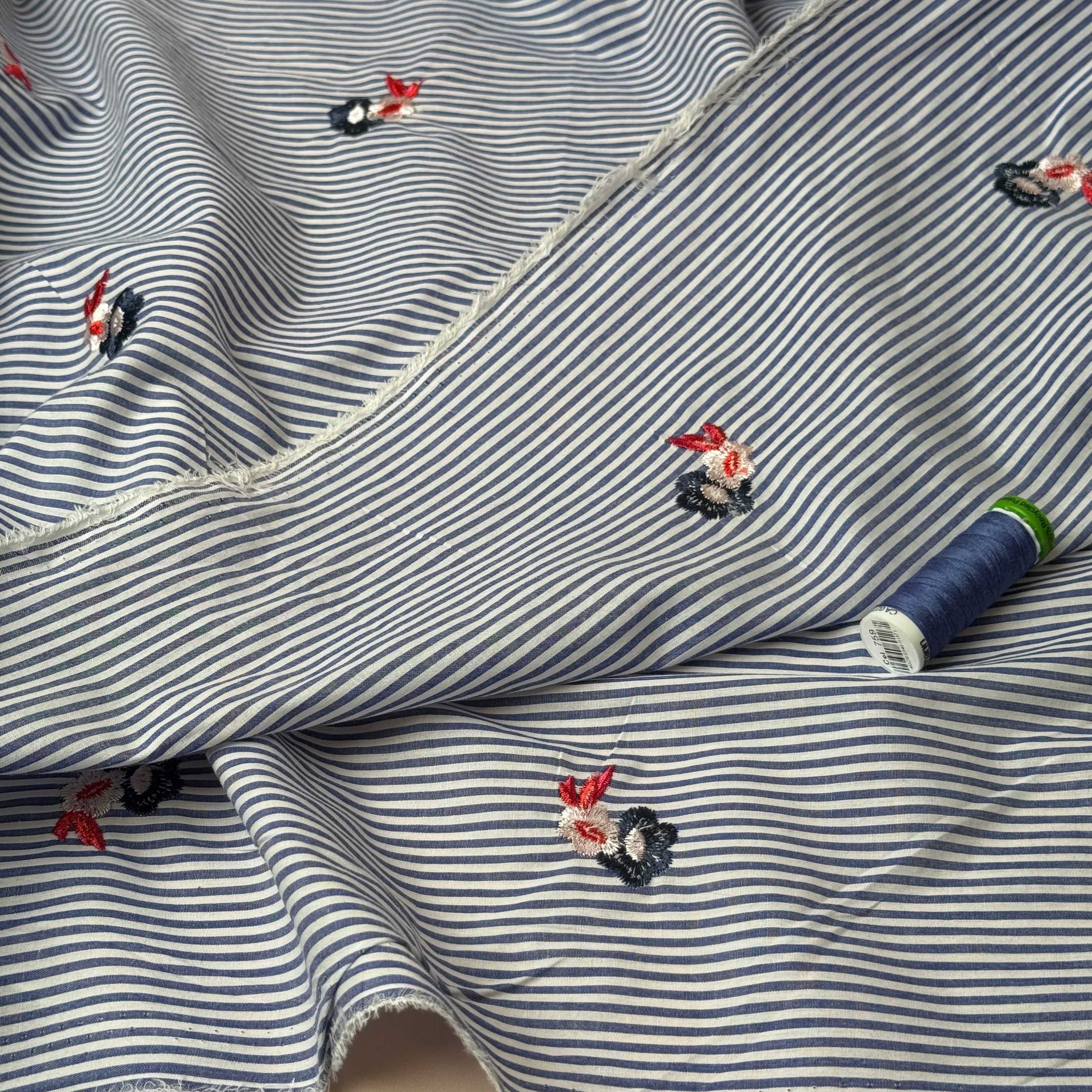 Embroidered Flowers on Blue Stripe Cotton Fabric
