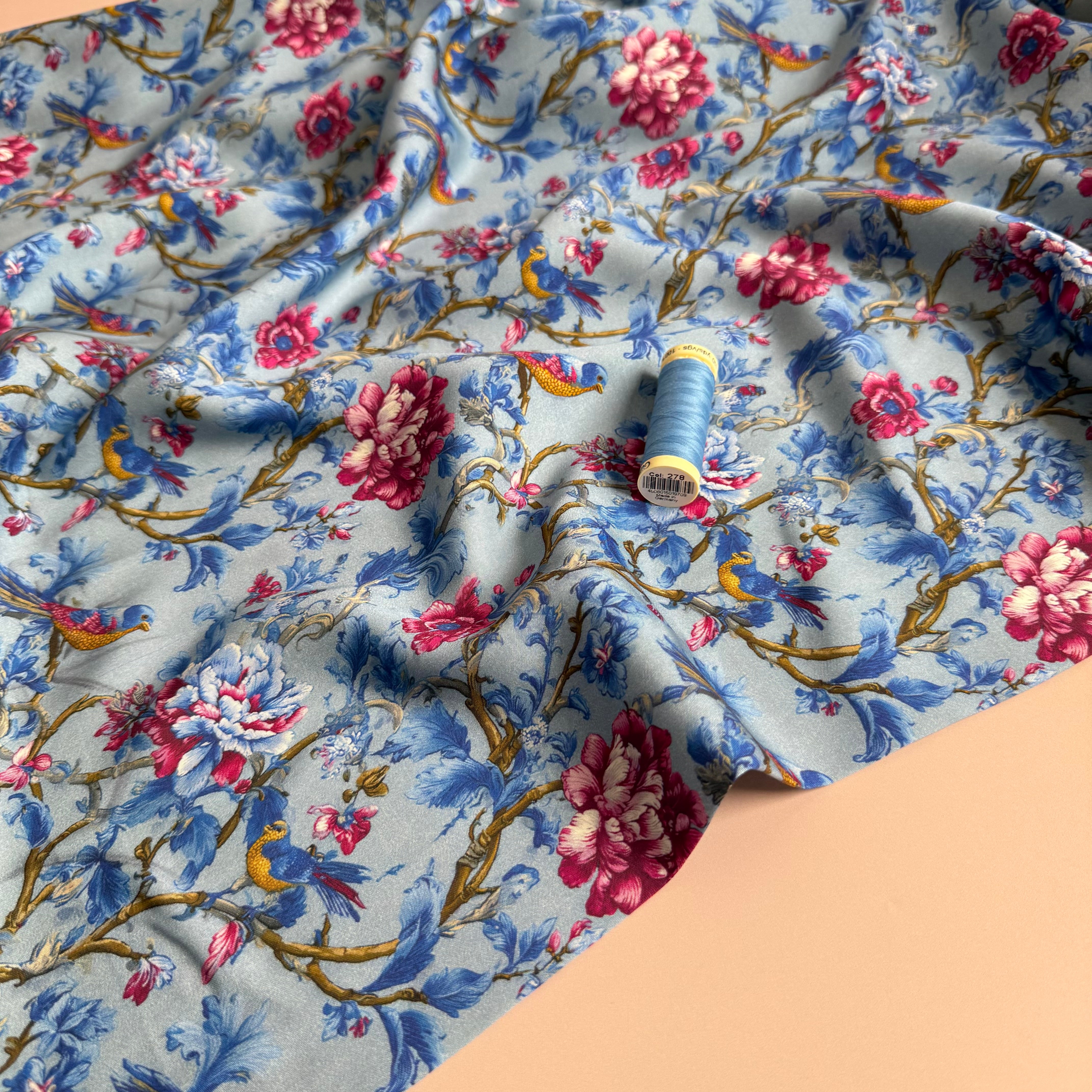 Songbird Blue Viscose Sateen Fabric