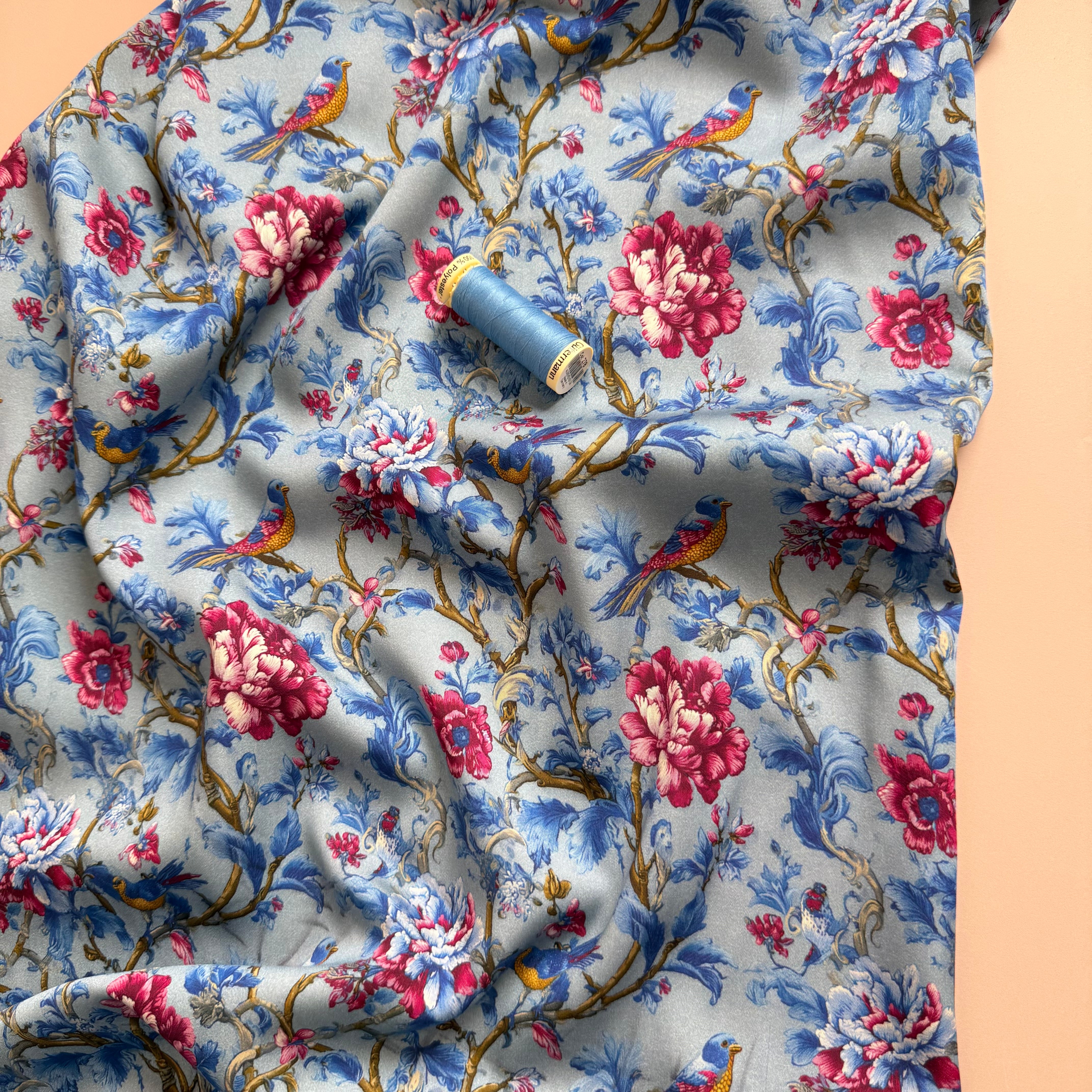 Songbird Blue Viscose Sateen Fabric