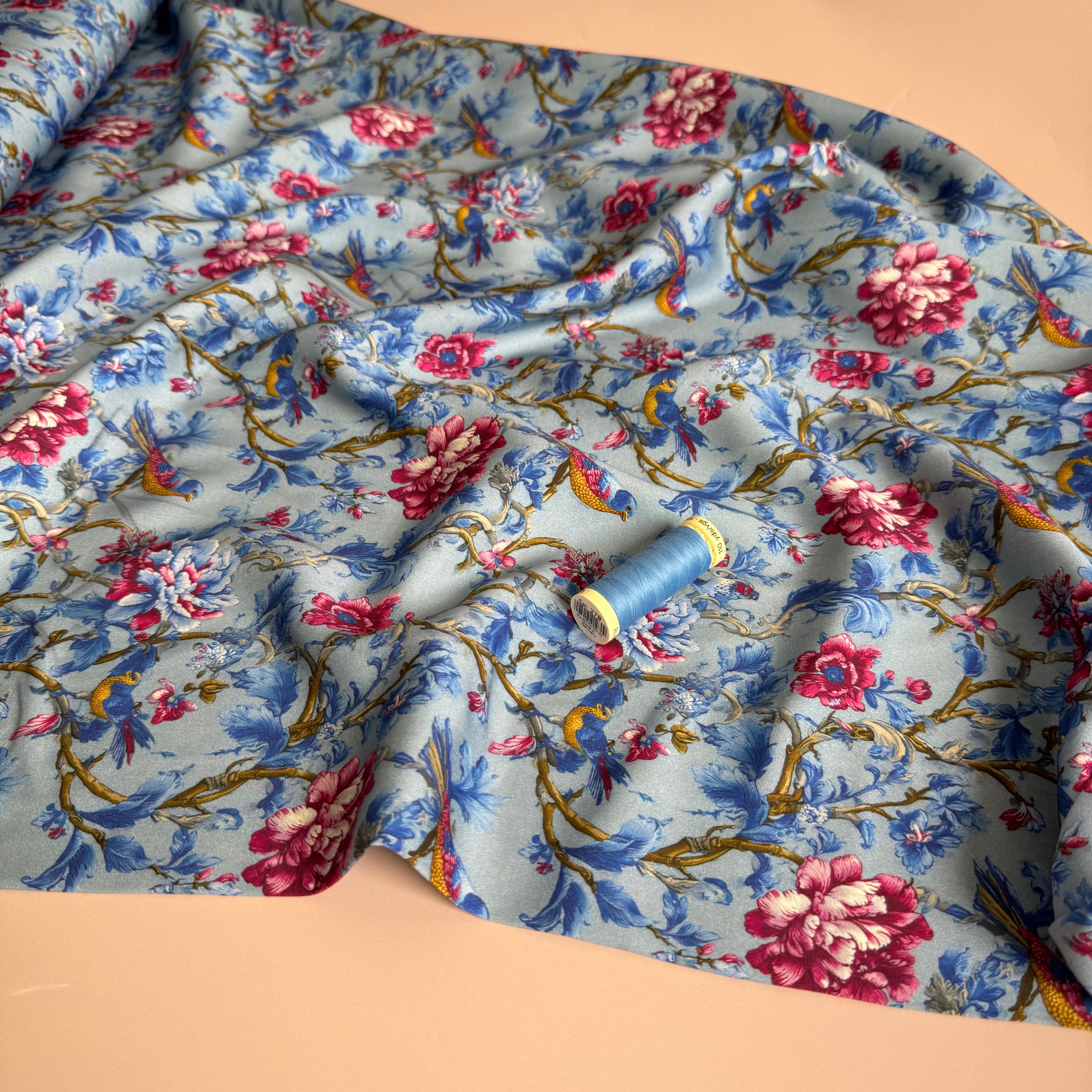 Songbird Blue Viscose Sateen Fabric