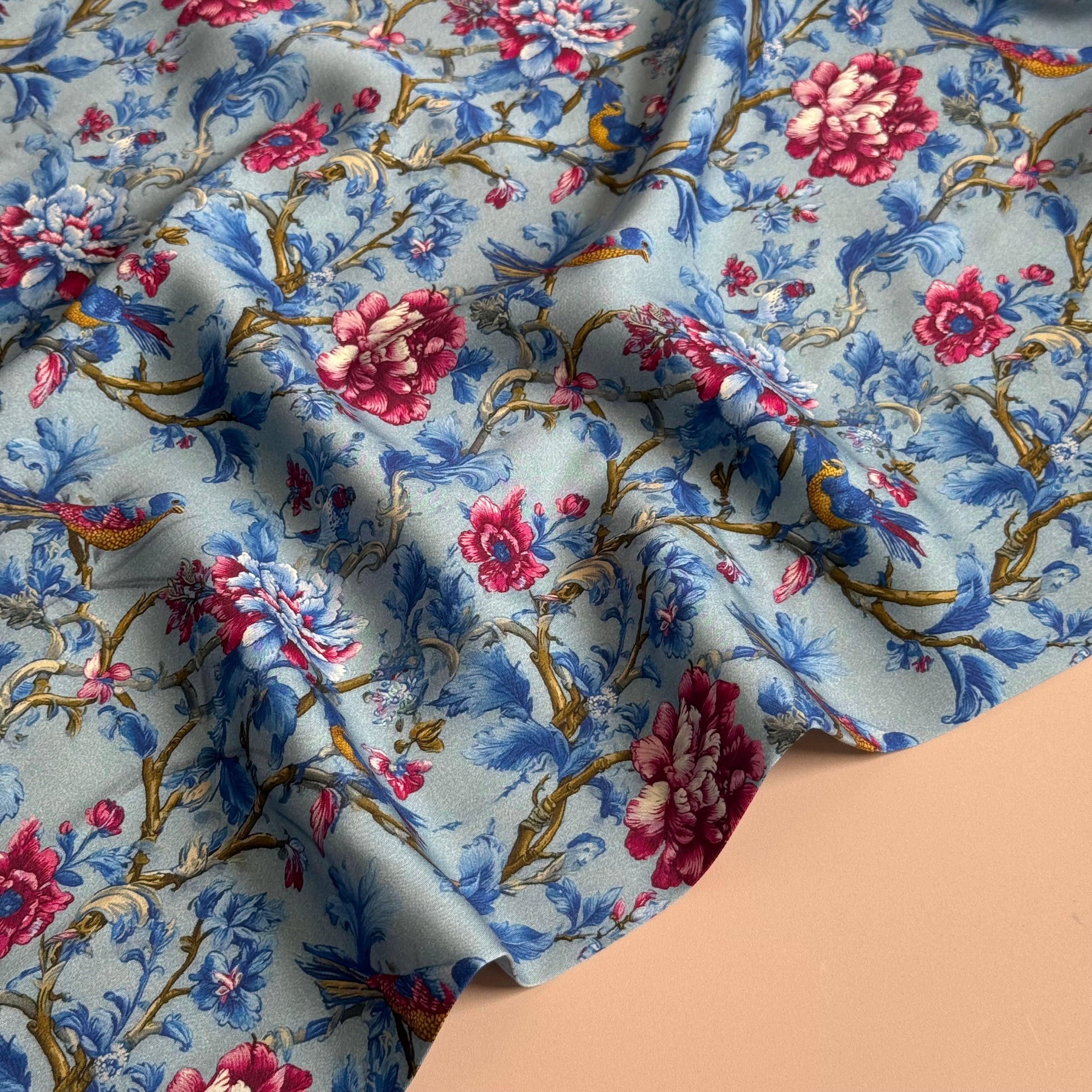 Songbird Blue Viscose Sateen Fabric