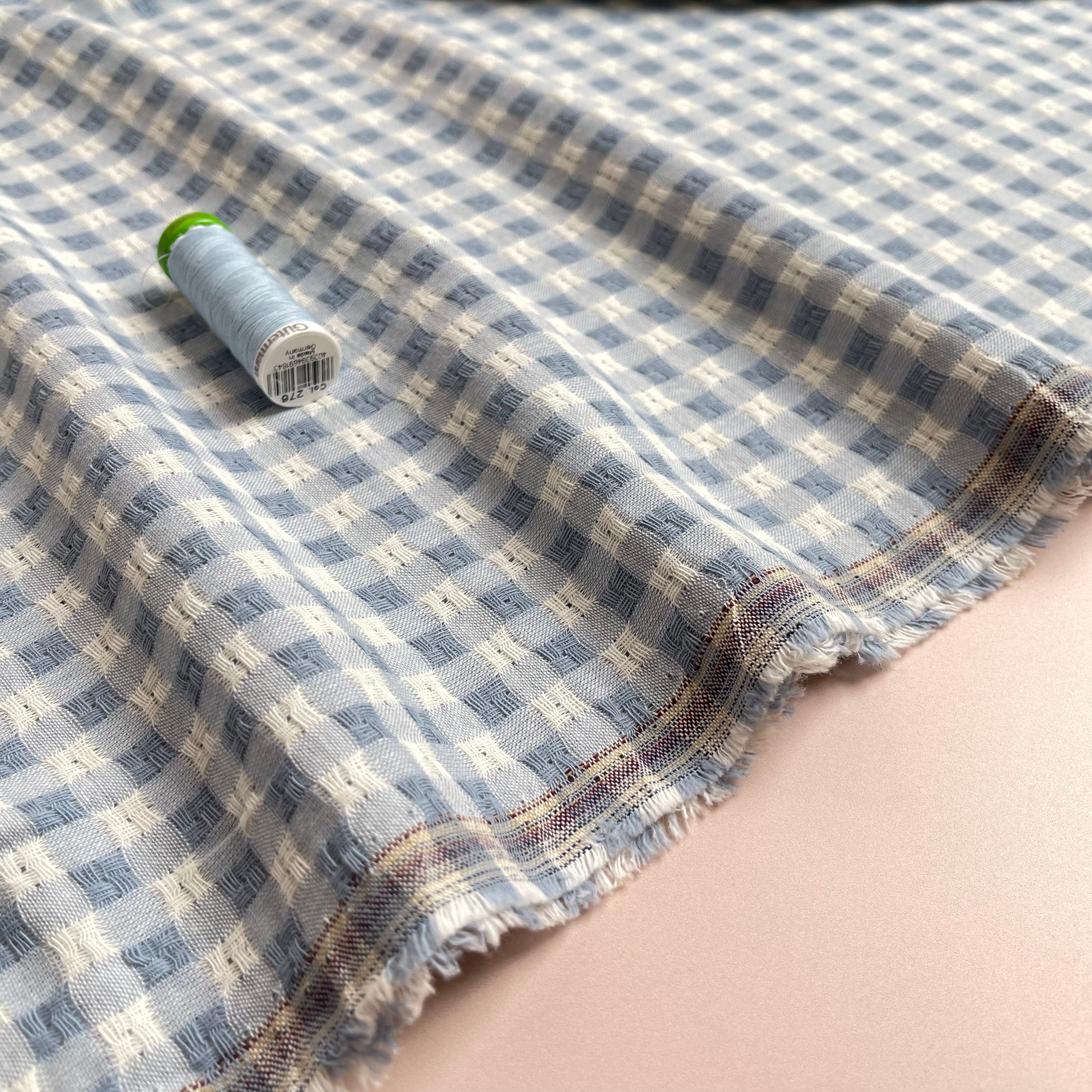 Yarn Dyed Dusty Blue Embroidered Cotton Gingham Fabric