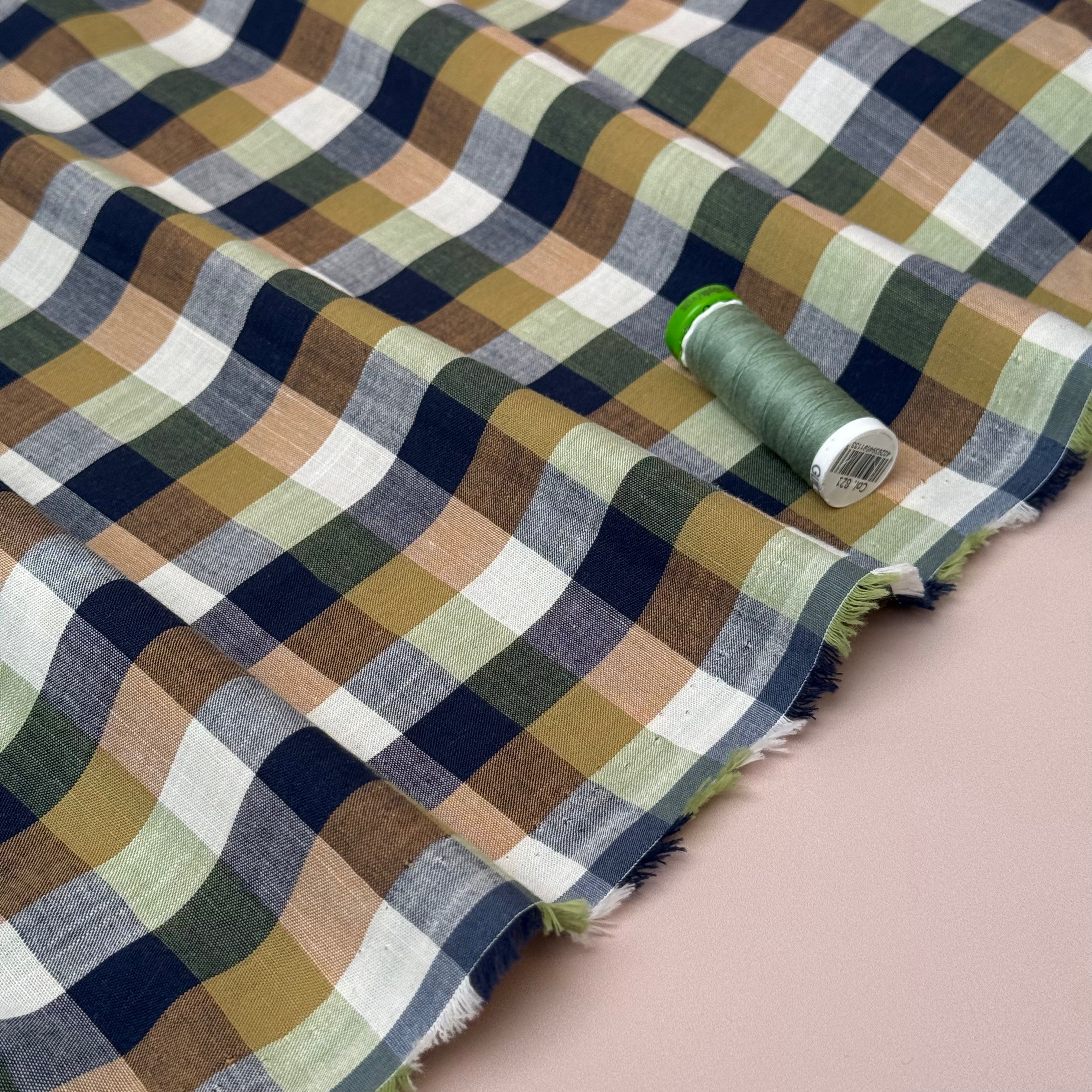 Yarn Dyed Navy and Beige Checks Cotton Fabric