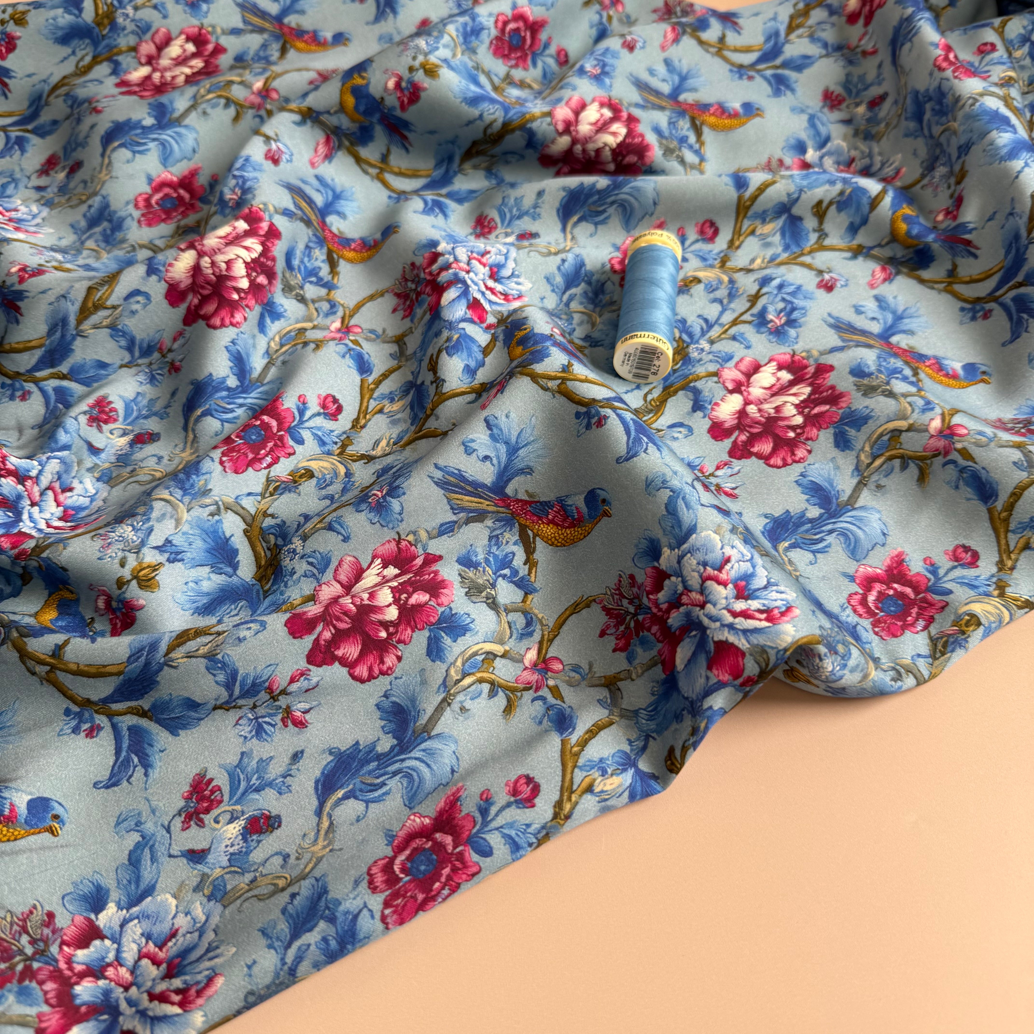 Songbird Blue Viscose Sateen Fabric