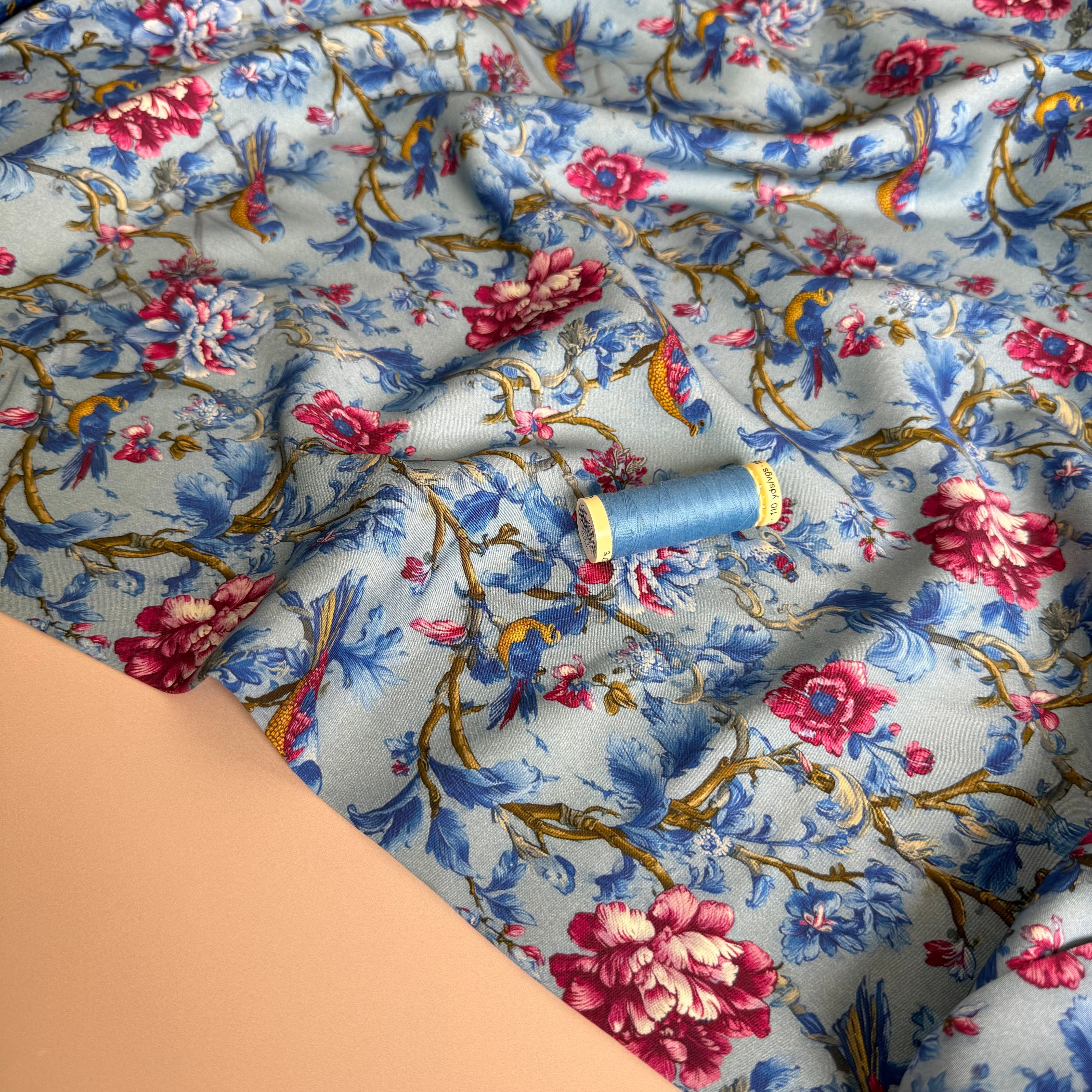 Songbird Blue Viscose Sateen Fabric