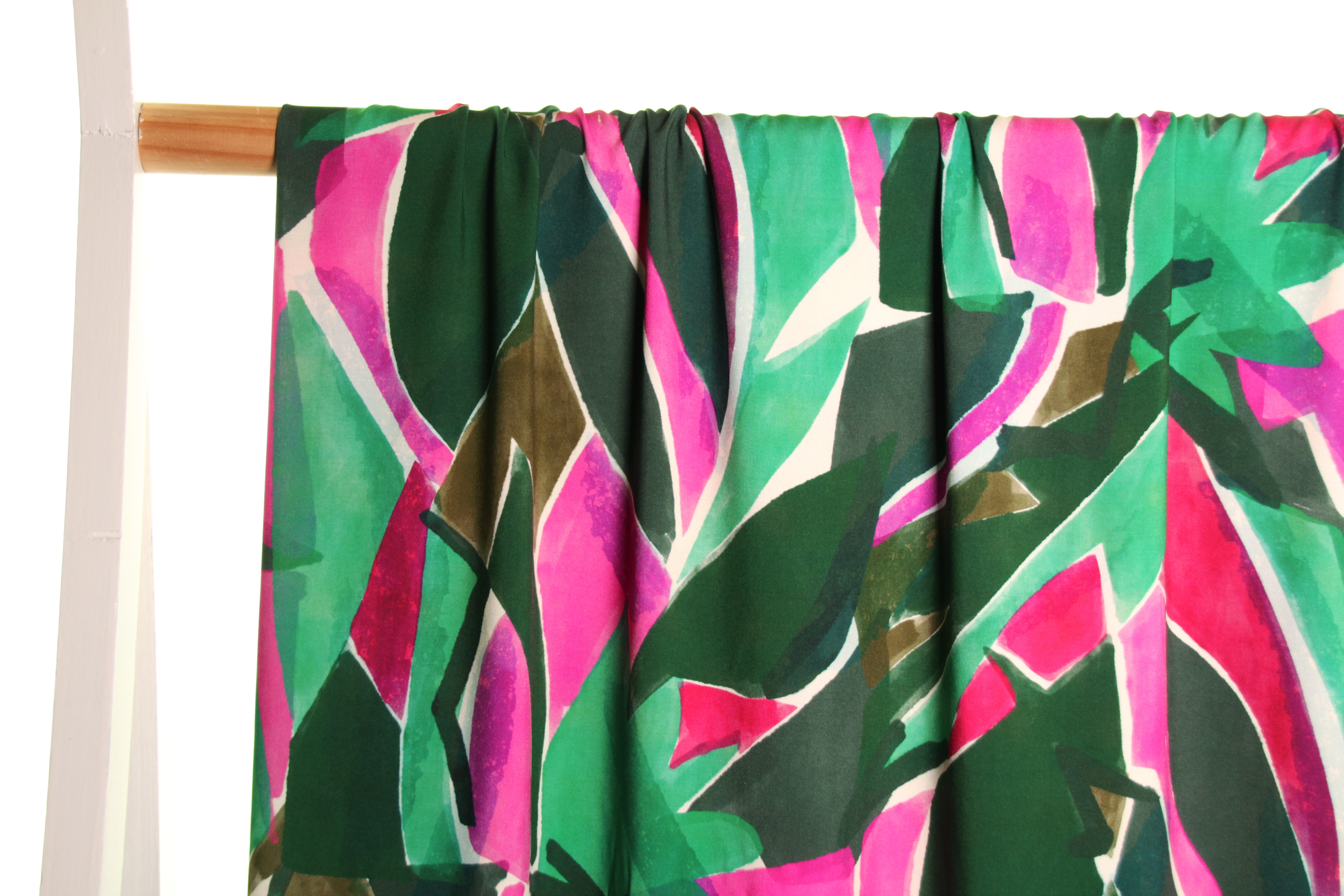 Atelier Jupe - Pink and Green Leaves Viscose Fabric