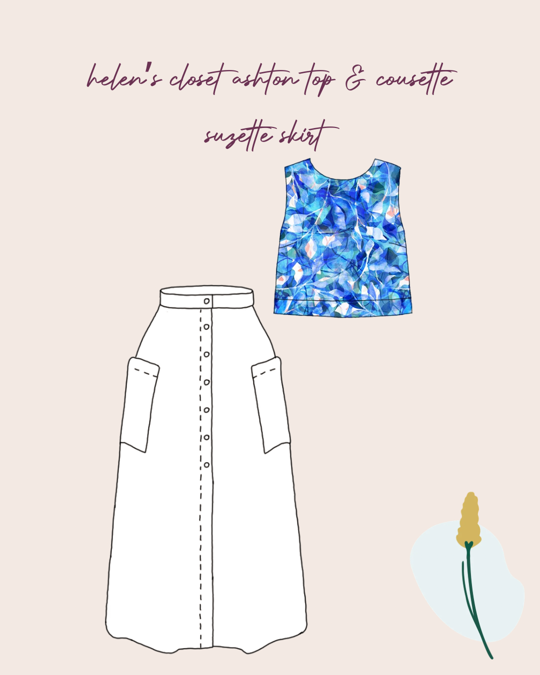 Make An Outfit Colour Bundle and Sewing Kit - Ashton Top and Suzette Skirt in Painted Foliage & Off-White  Flow Linen