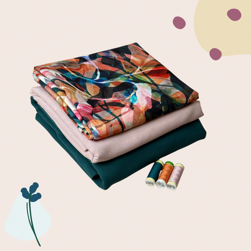 Make an Outfit Colour Bundle - Painted Foliage Sunset Viscose, Linen Crepe and Sweatshirting with Ribbing