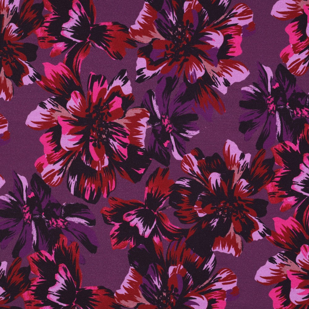 Magenta  Flowers Dark Navy Cotton Sweat-shirting Fabric