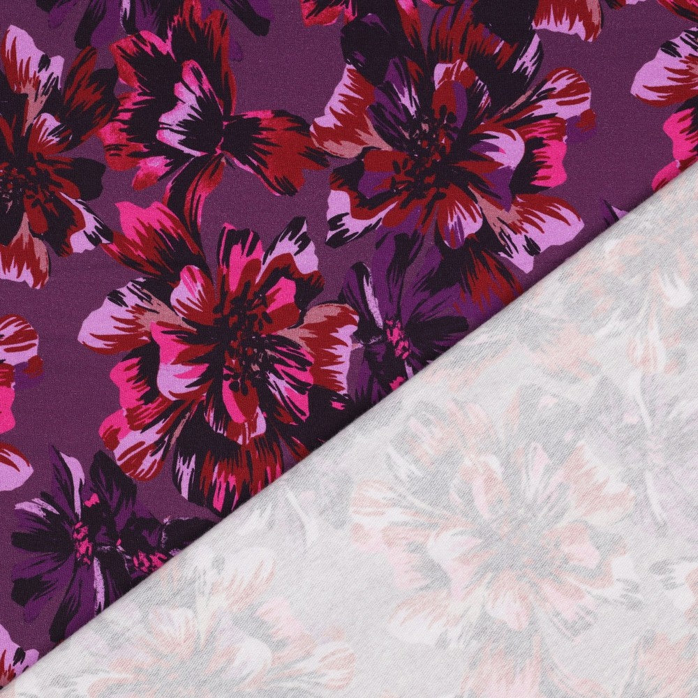 Magenta  Flowers Dark Navy Cotton Sweat-shirting Fabric