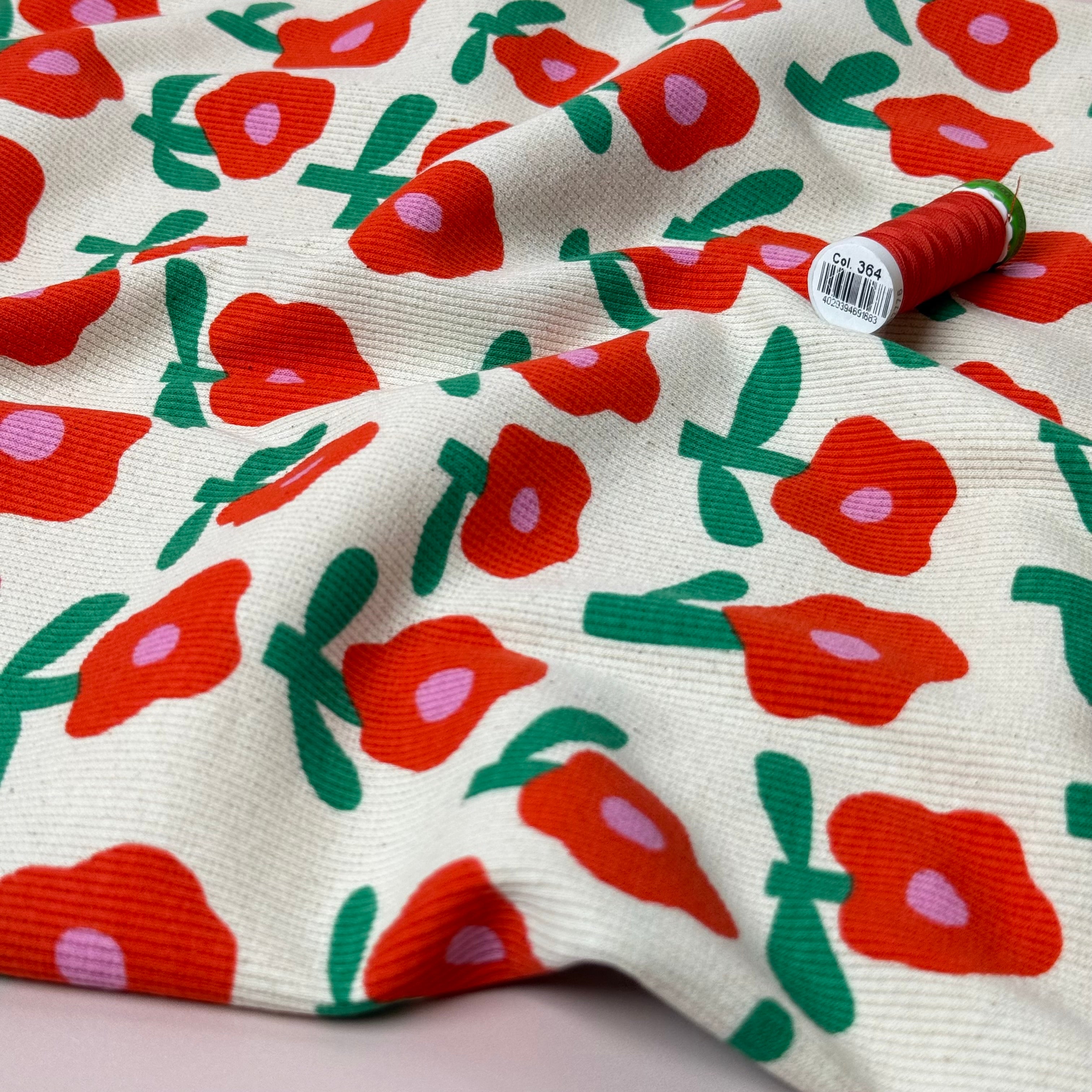 Red Flowers Organic GOTS Cotton Ribbed Jersey