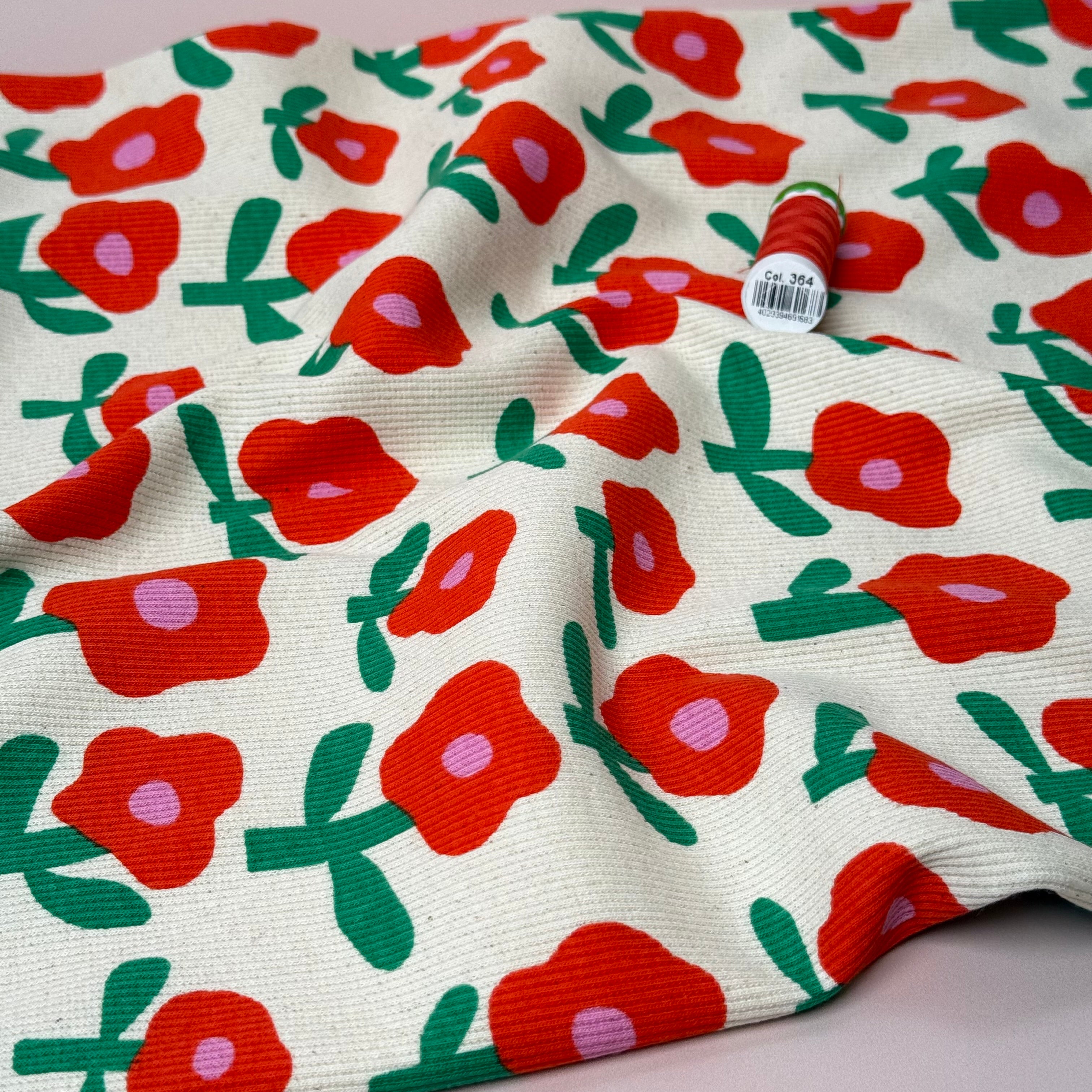 Red Flowers Organic GOTS Cotton Ribbed Jersey
