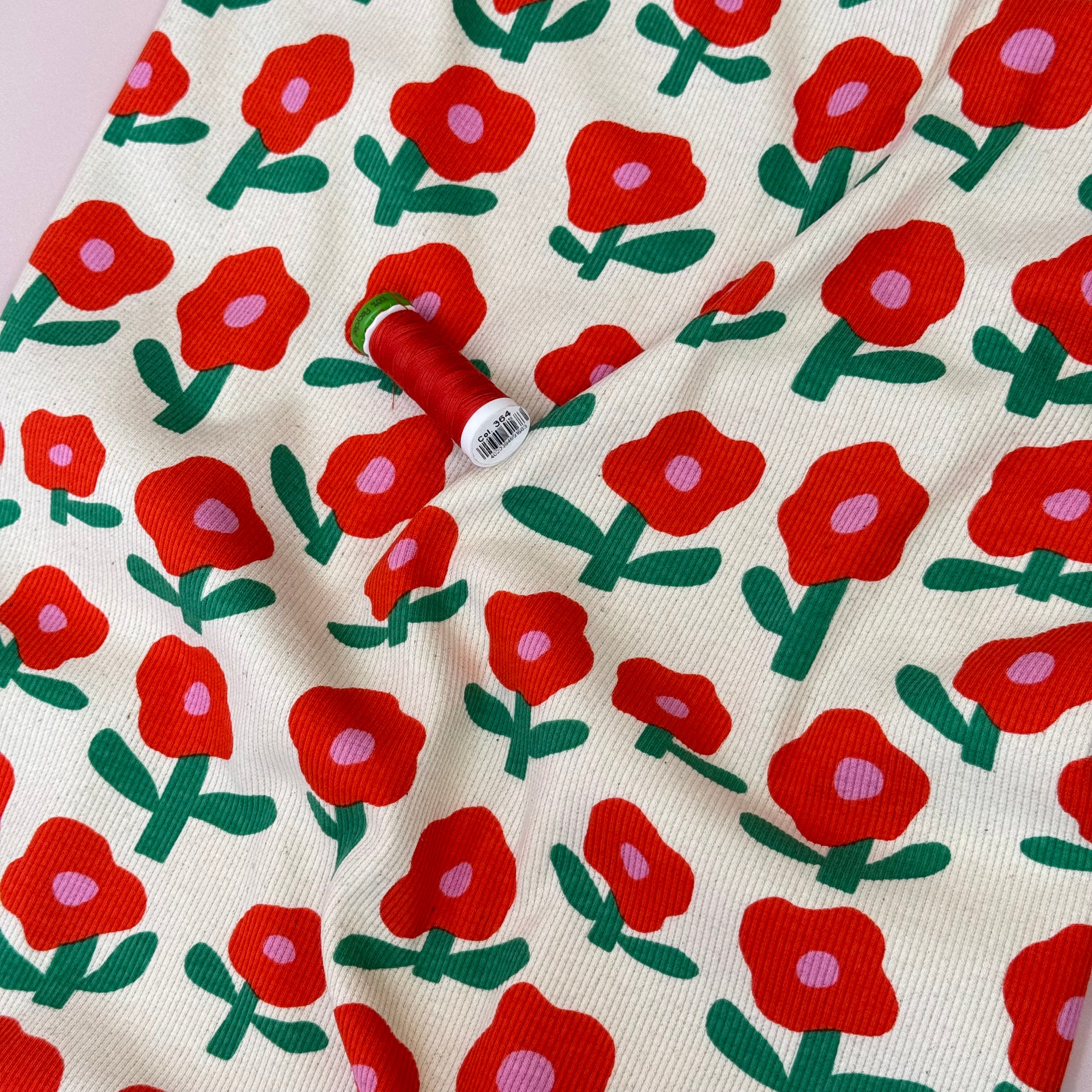 Red Flowers Organic GOTS Cotton Ribbed Jersey