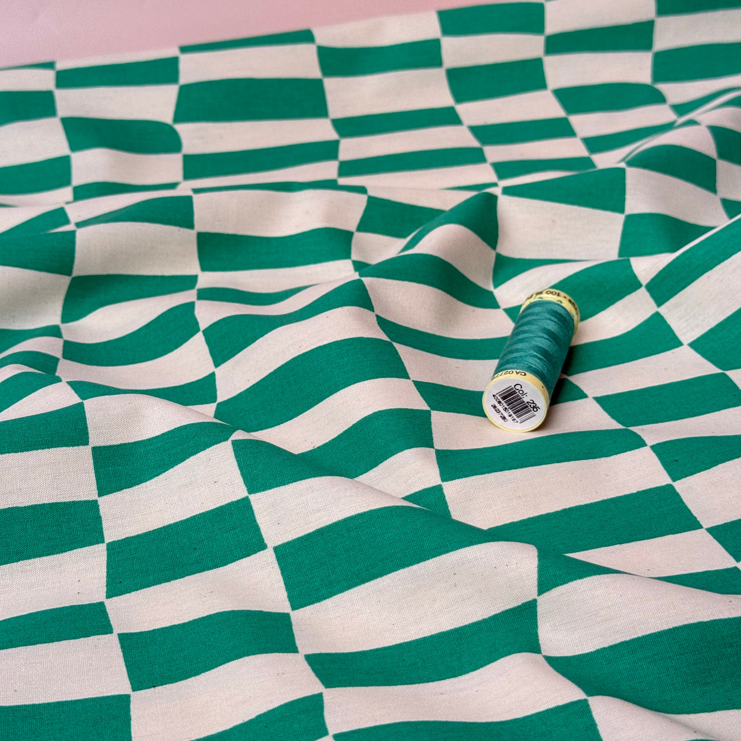 Wavy Checks Green GOTS Organic Natural Cotton