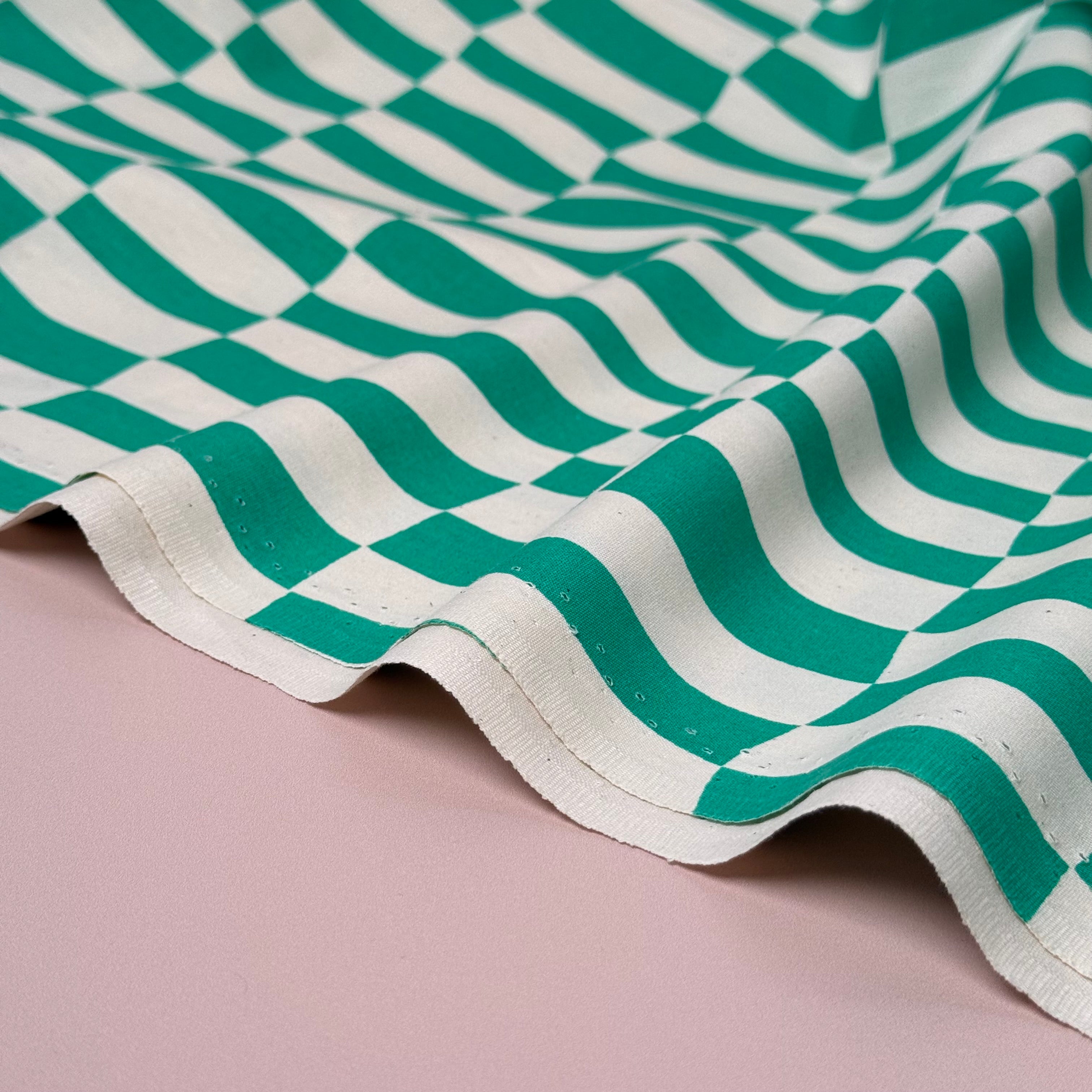 Wavy Checks Green GOTS Organic Natural Cotton