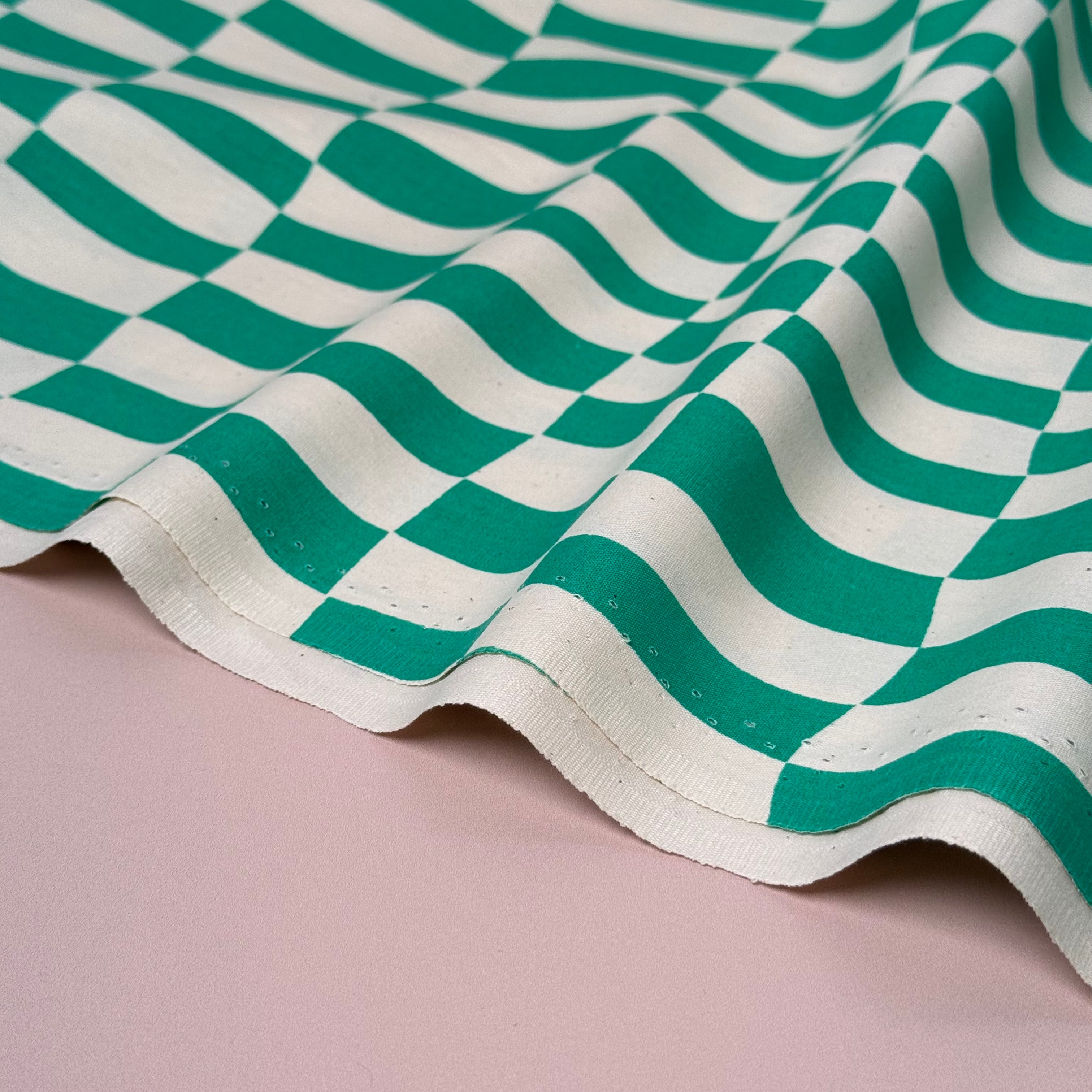 Wavy Checks Green GOTS Organic Natural Cotton