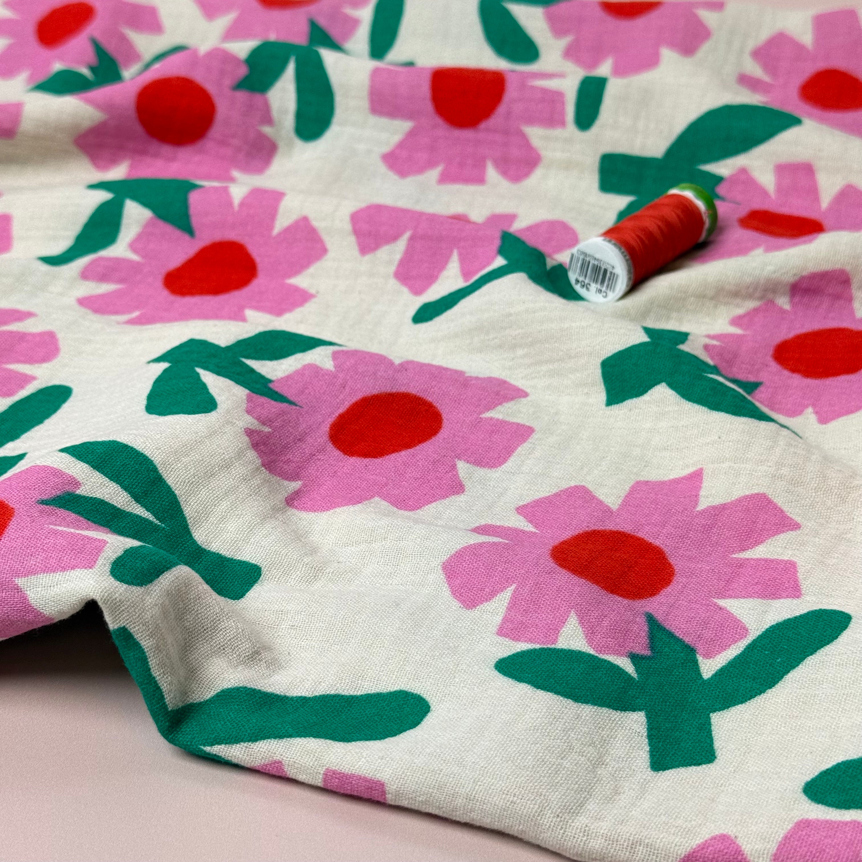 Pink Flowers GOTS Organic Cotton Double Gauze