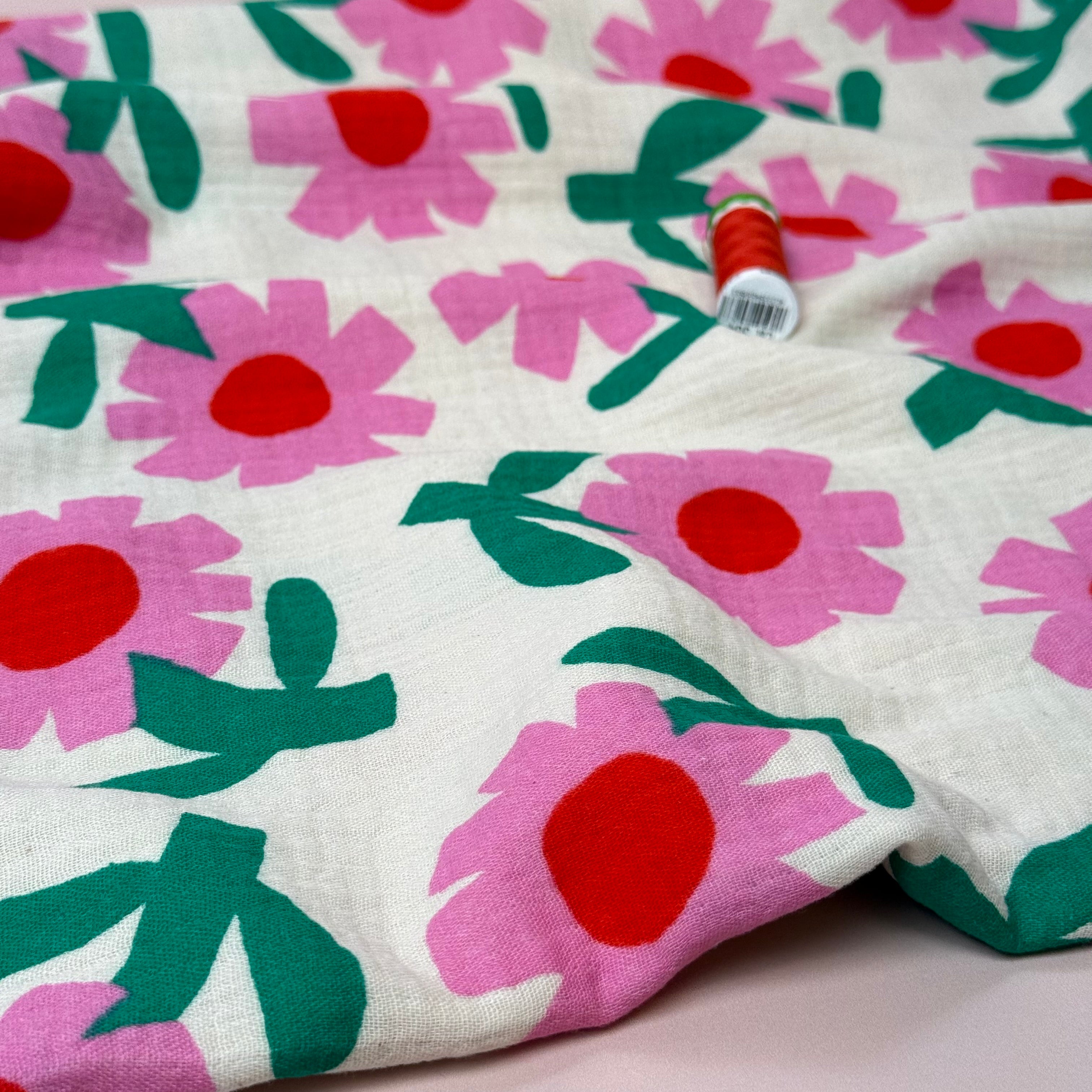 Pink Flowers GOTS Organic Cotton Double Gauze