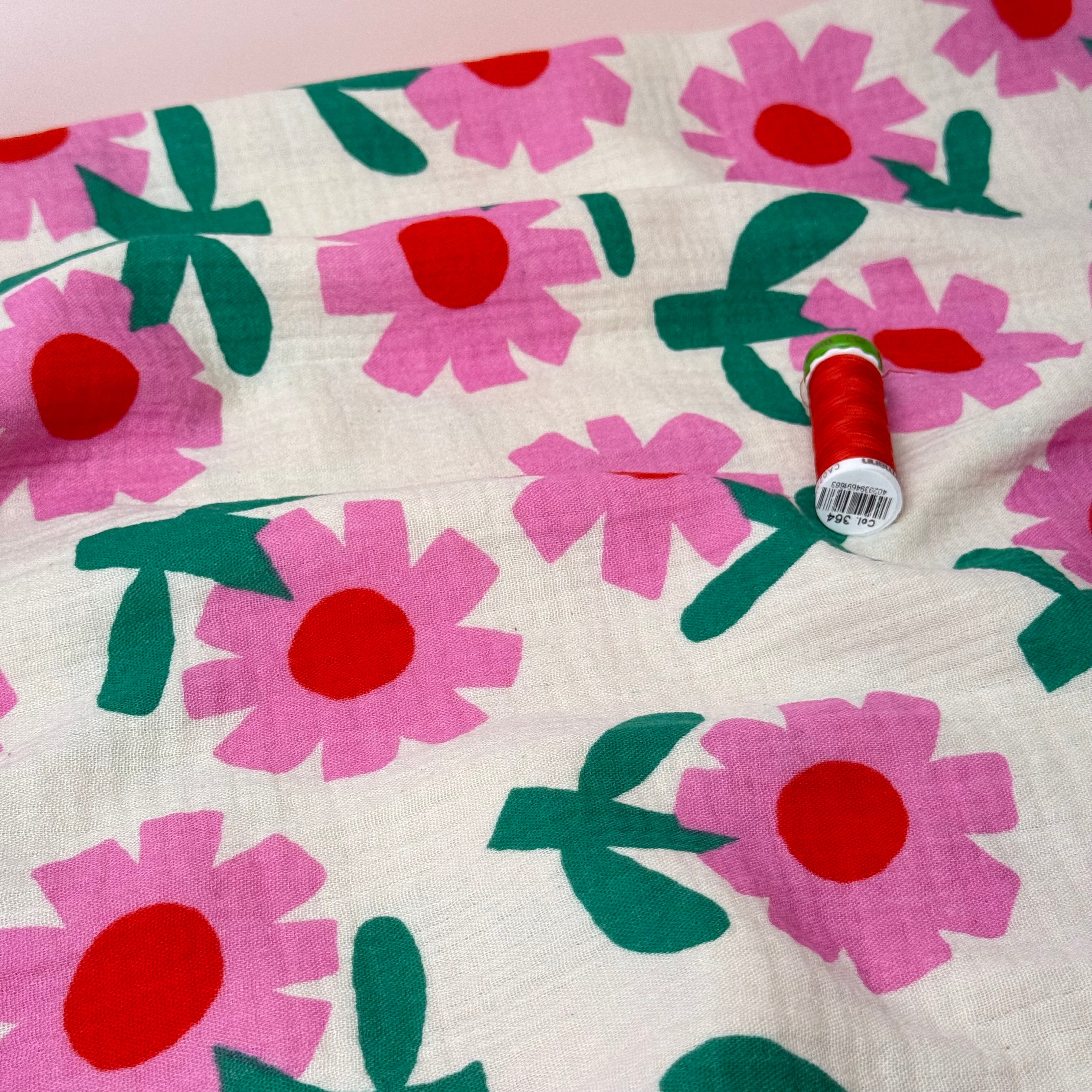 Pink Flowers GOTS Organic Cotton Double Gauze