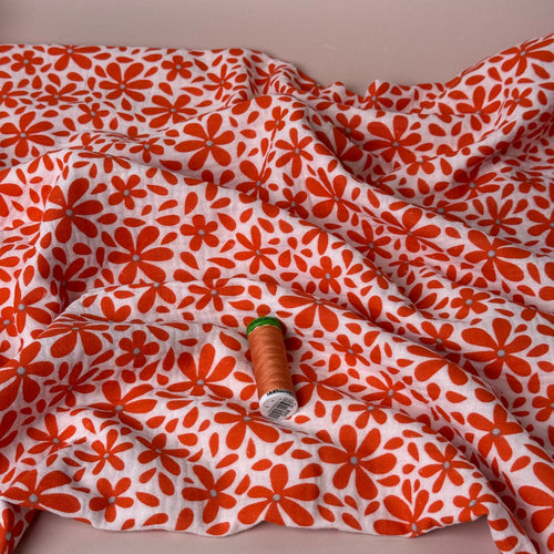 REMNANT 0.30 metre - Orange Flowers on White Cotton Double Gauze