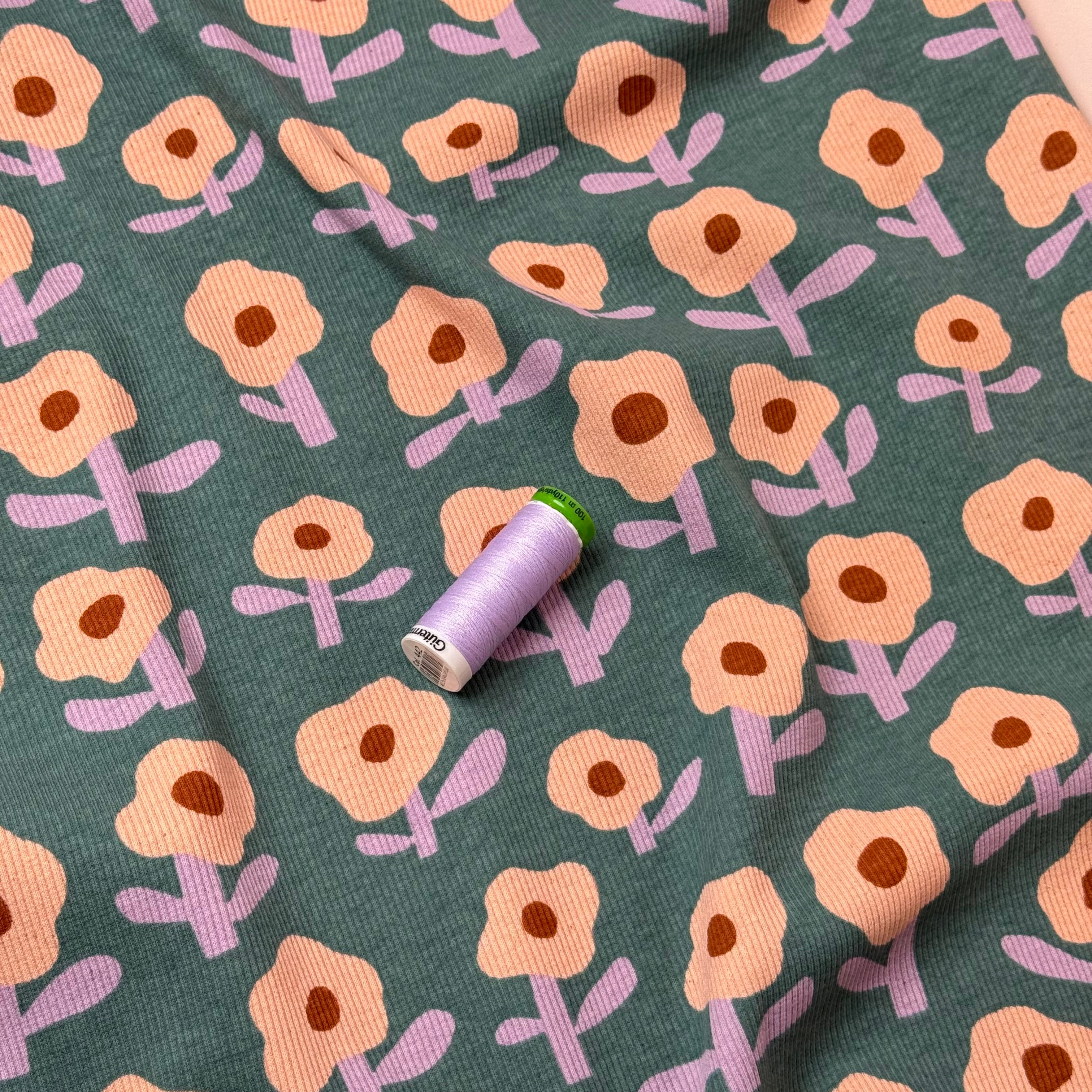 Green Flowers Organic GOTS Cotton Ribbed Jersey
