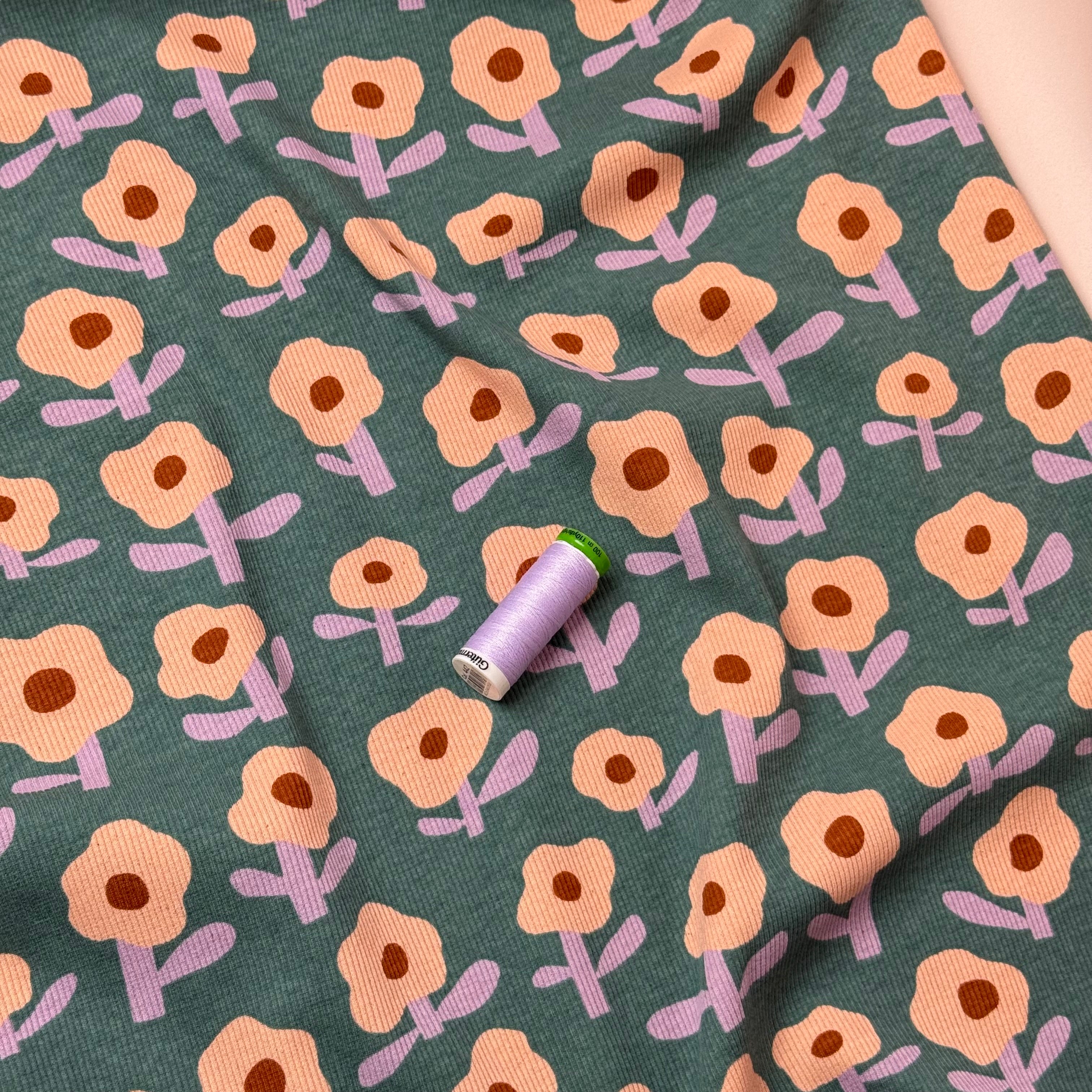 Green Flowers Organic GOTS Cotton Ribbed Jersey
