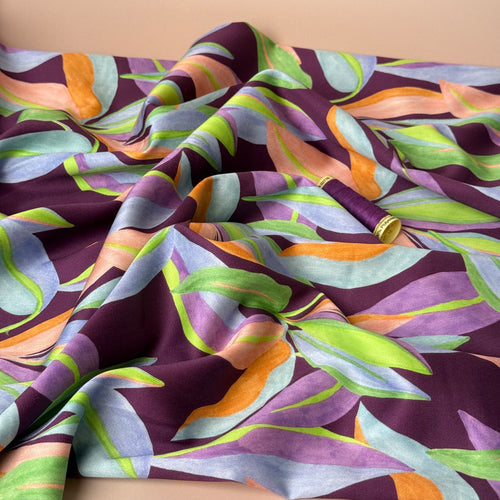 Painted Foliage in Lime on Purple Cotton Sateen Fabric