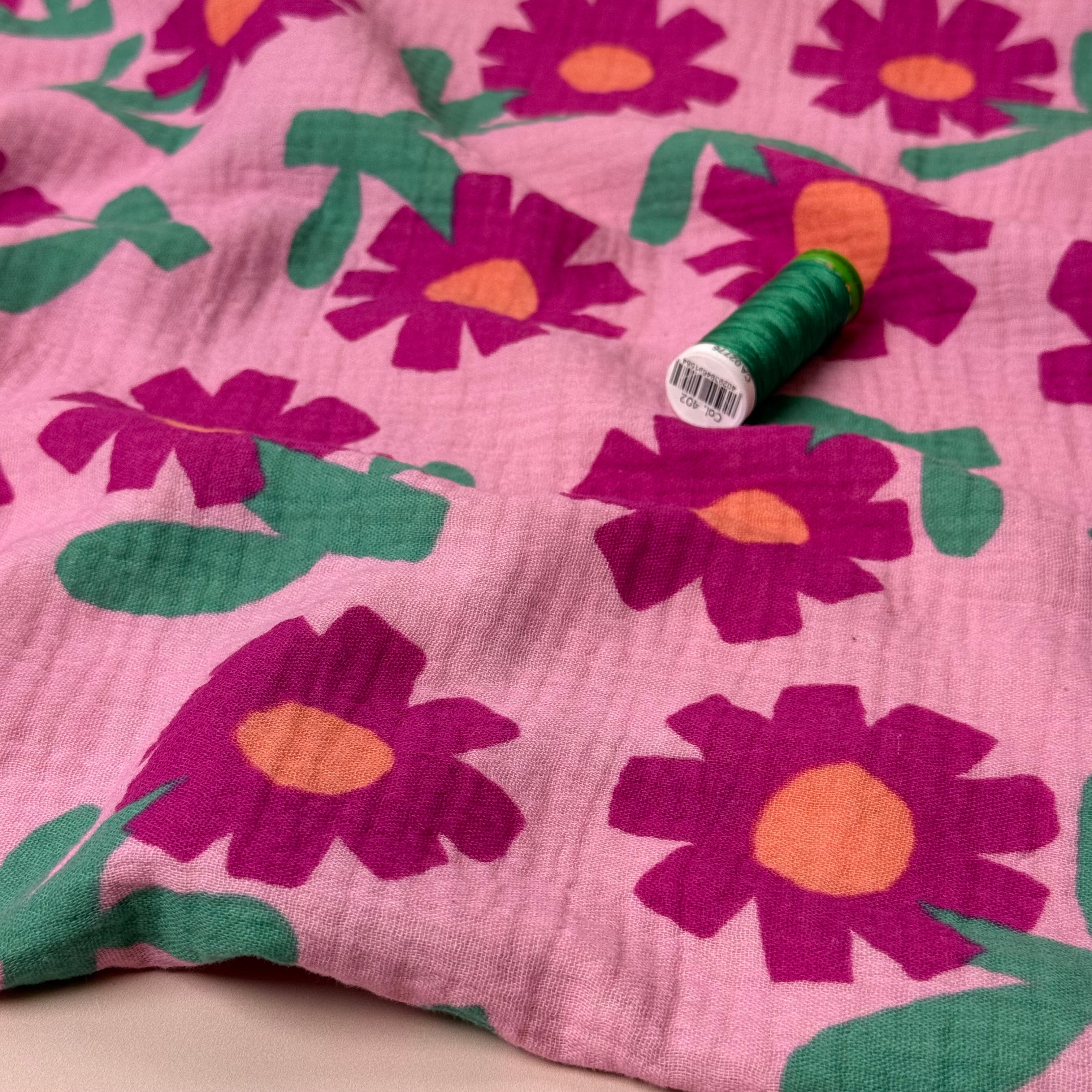 Pink Flowers GOTS Organic Cotton Double Gauze