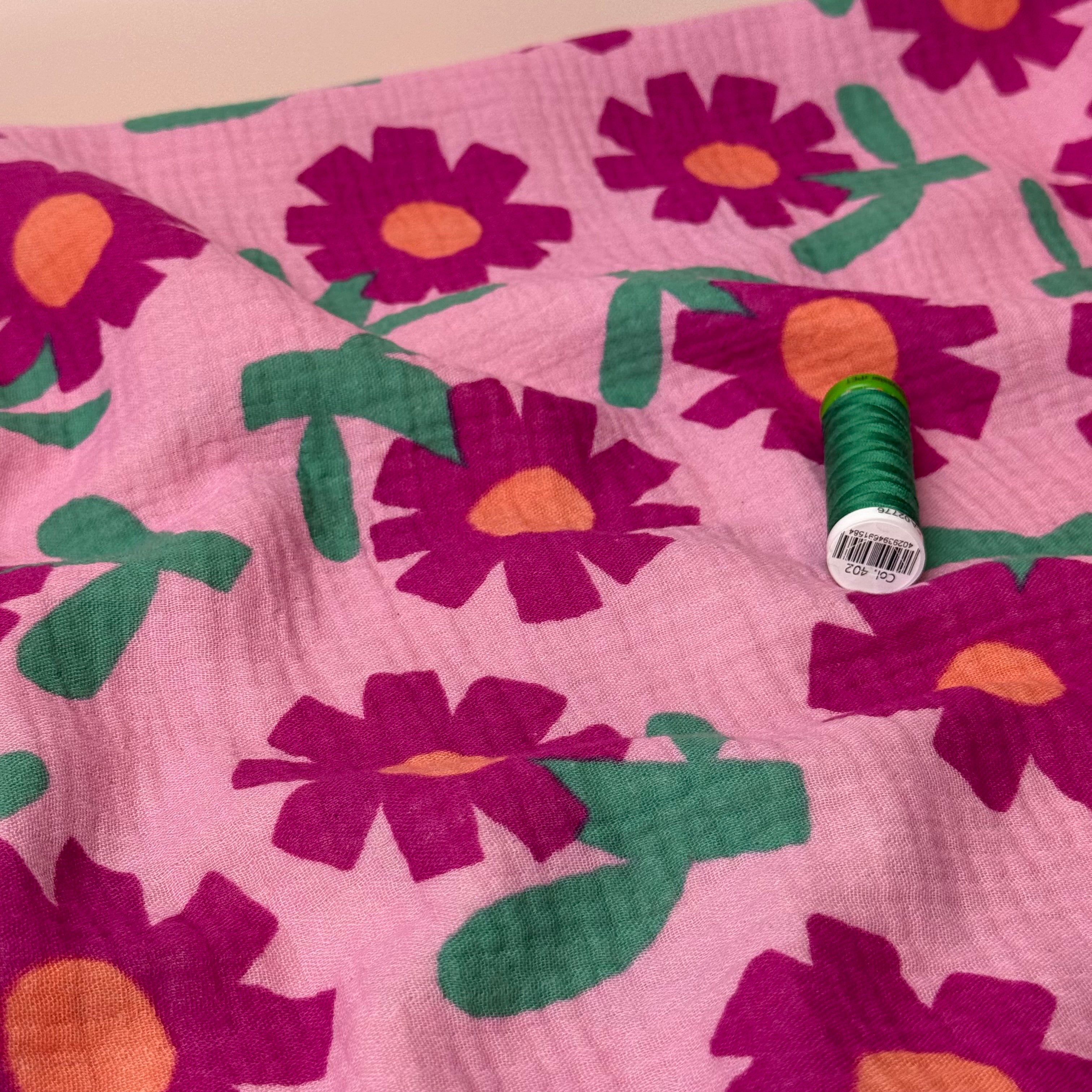 Pink Flowers GOTS Organic Cotton Double Gauze