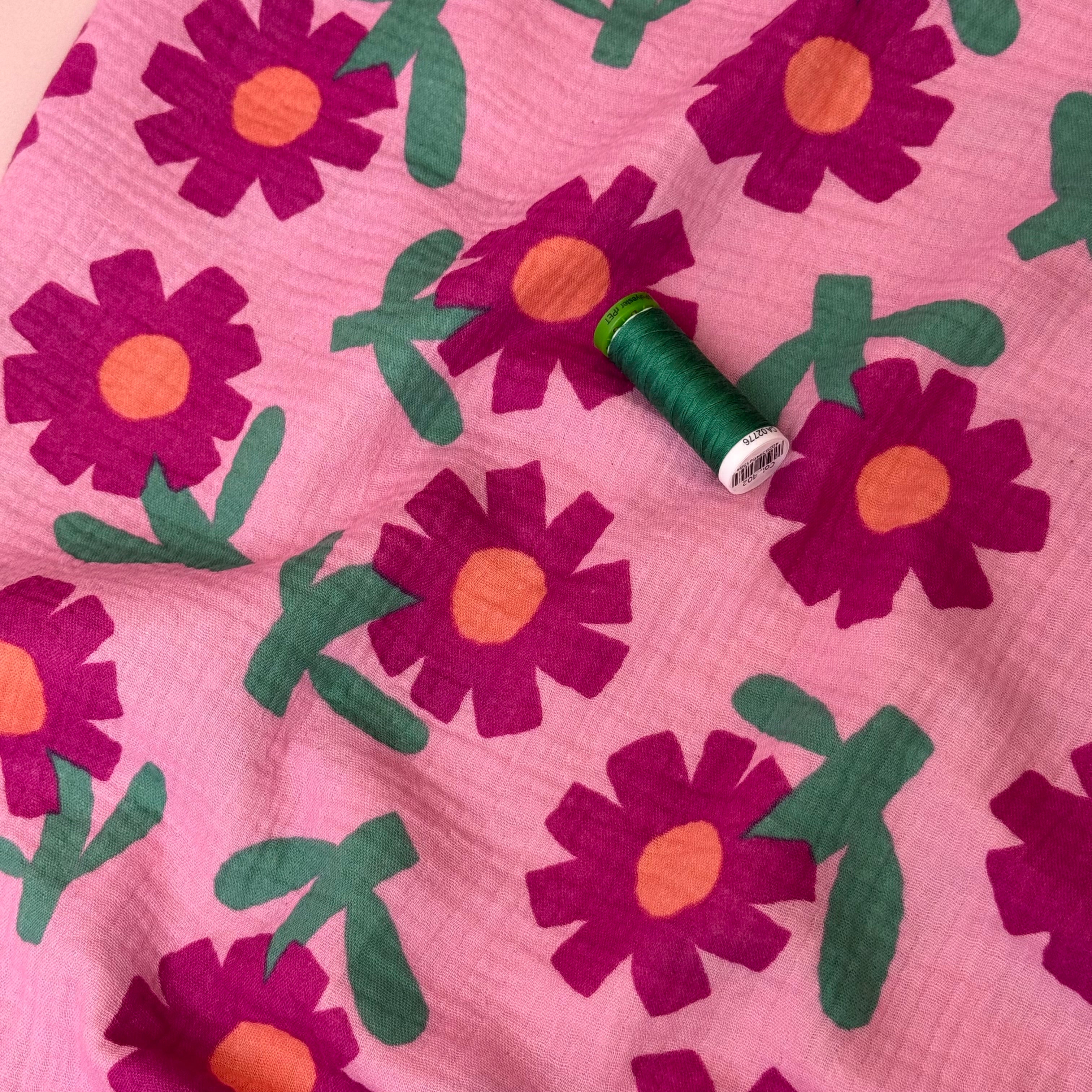 Pink Flowers GOTS Organic Cotton Double Gauze