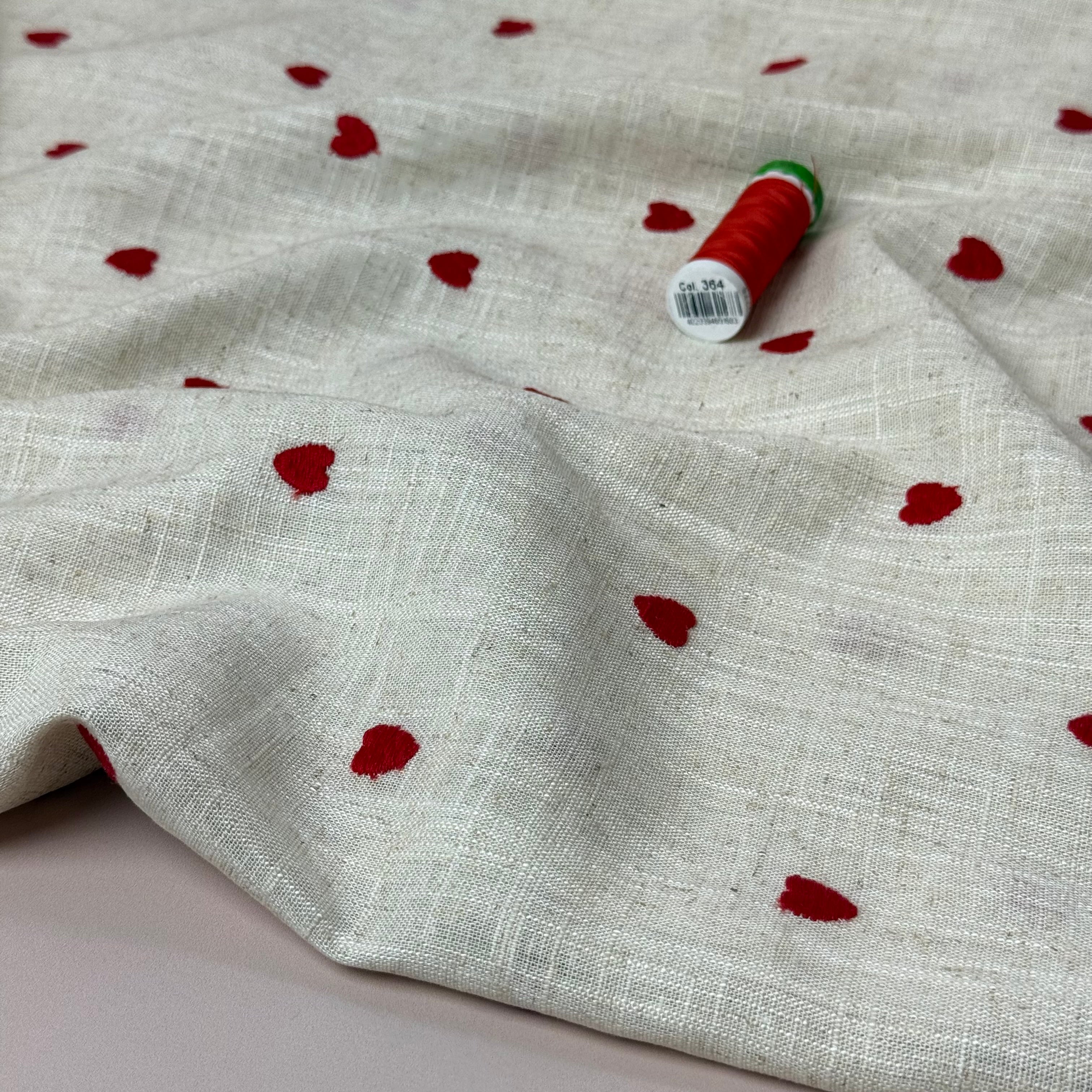 Embroidered Red Hearts on Natural Viscose Linen Blend Fabric