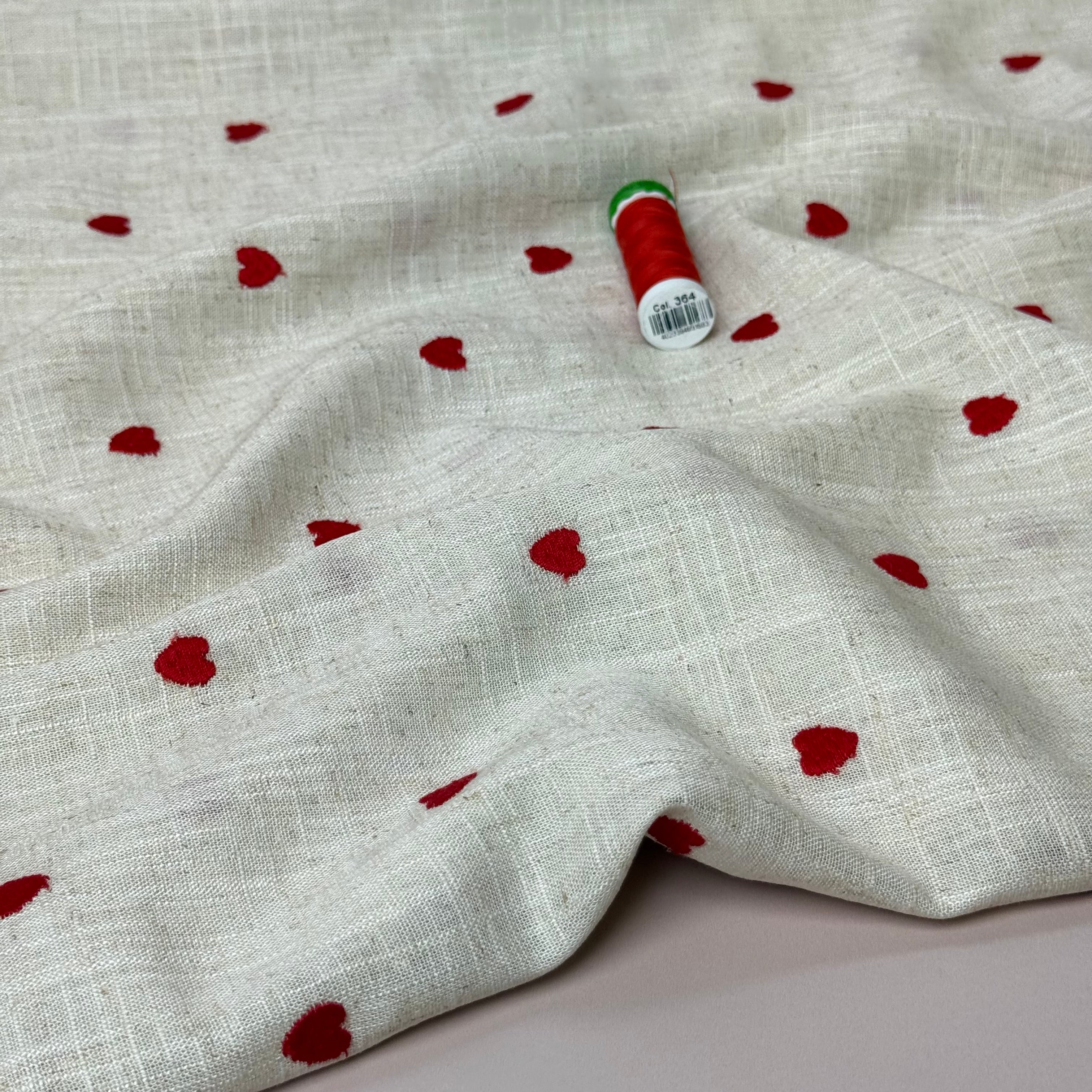 Embroidered Red Hearts on Natural Viscose Linen Blend Fabric
