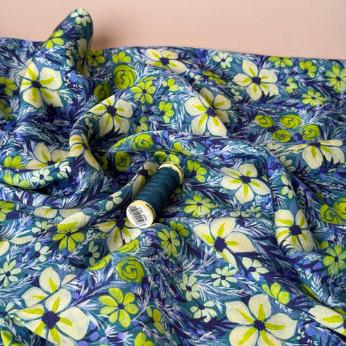 Lime Flowers on Blue Viscose Sateen Fabric