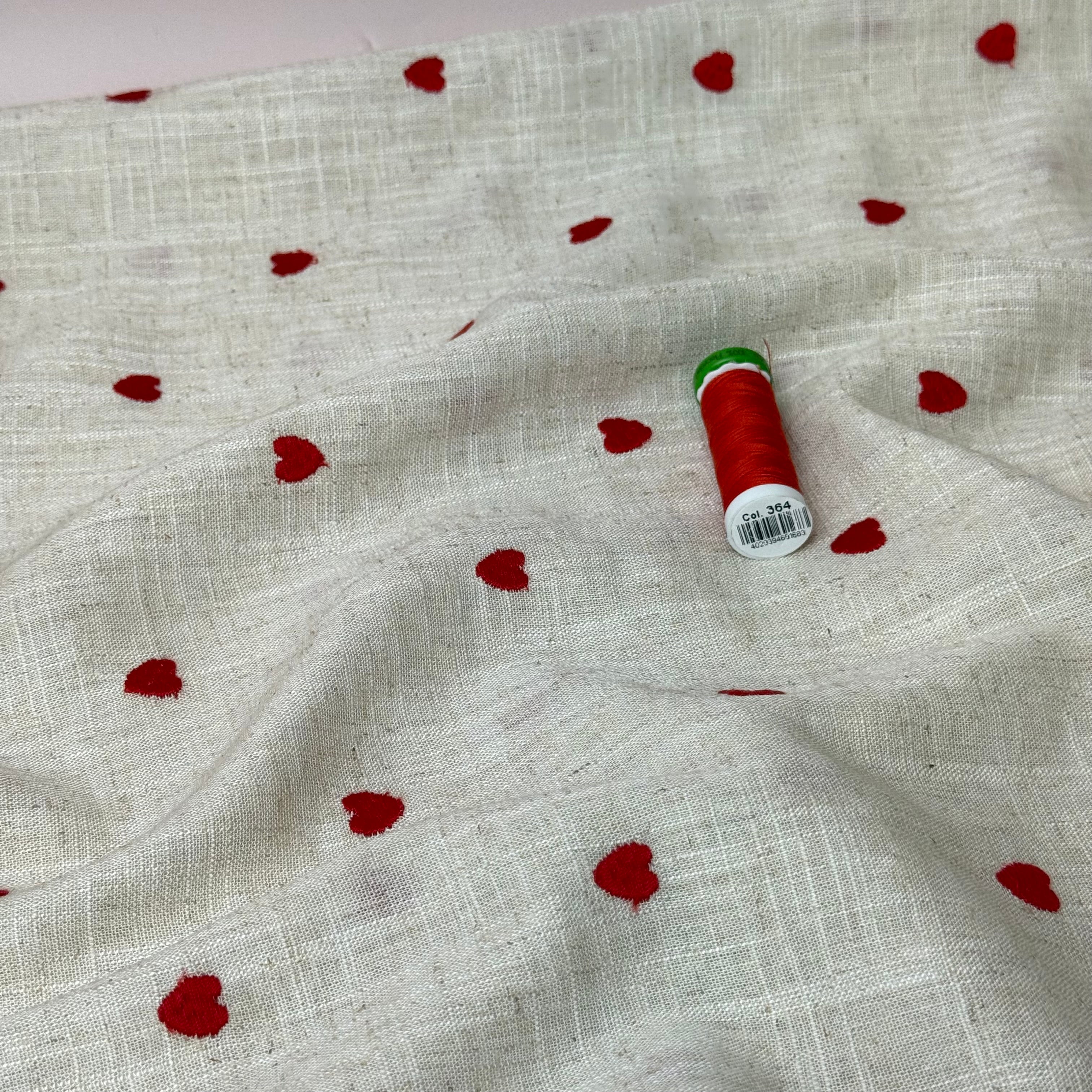 Embroidered Red Hearts on Natural Viscose Linen Blend Fabric