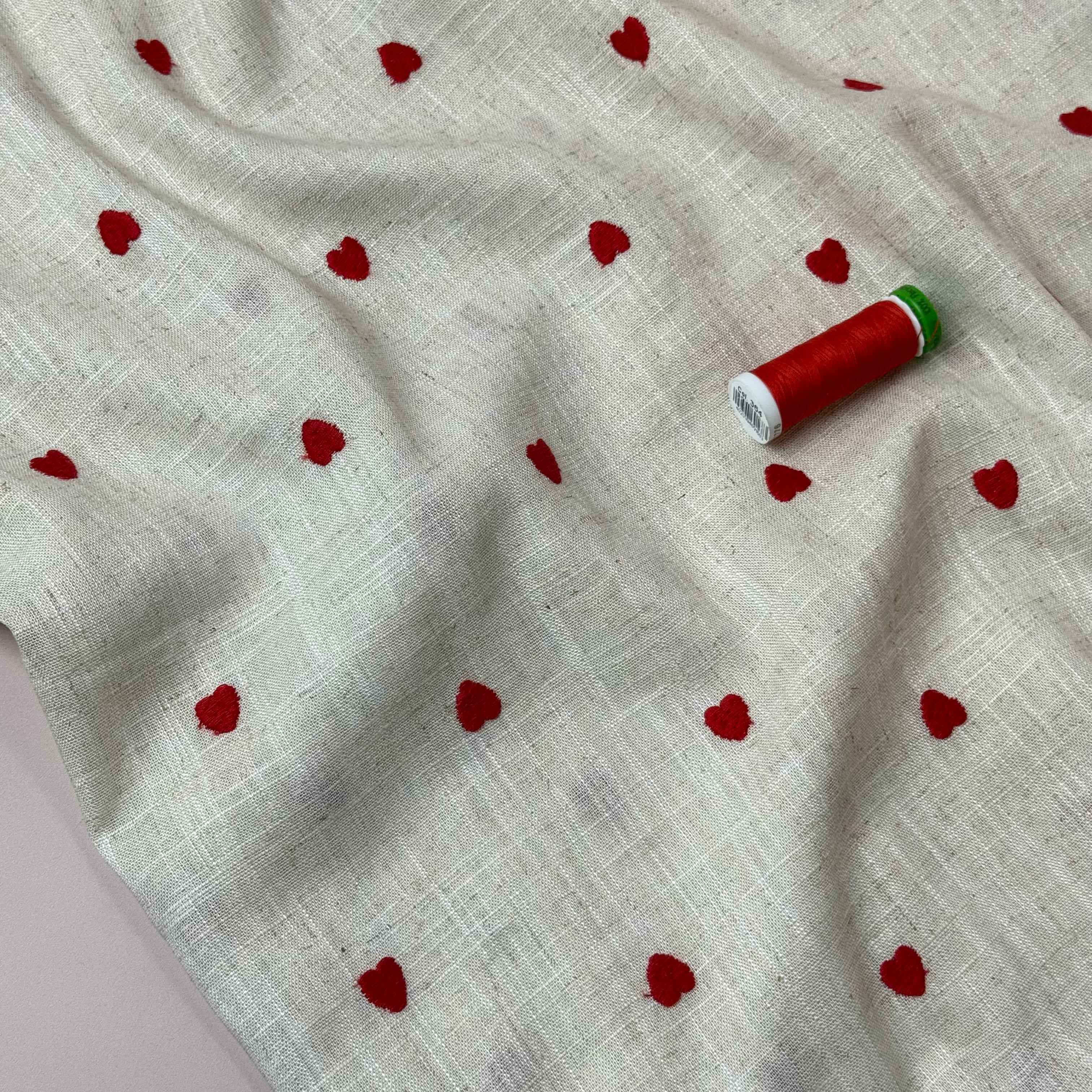 Embroidered Red Hearts on Natural Viscose Linen Blend Fabric
