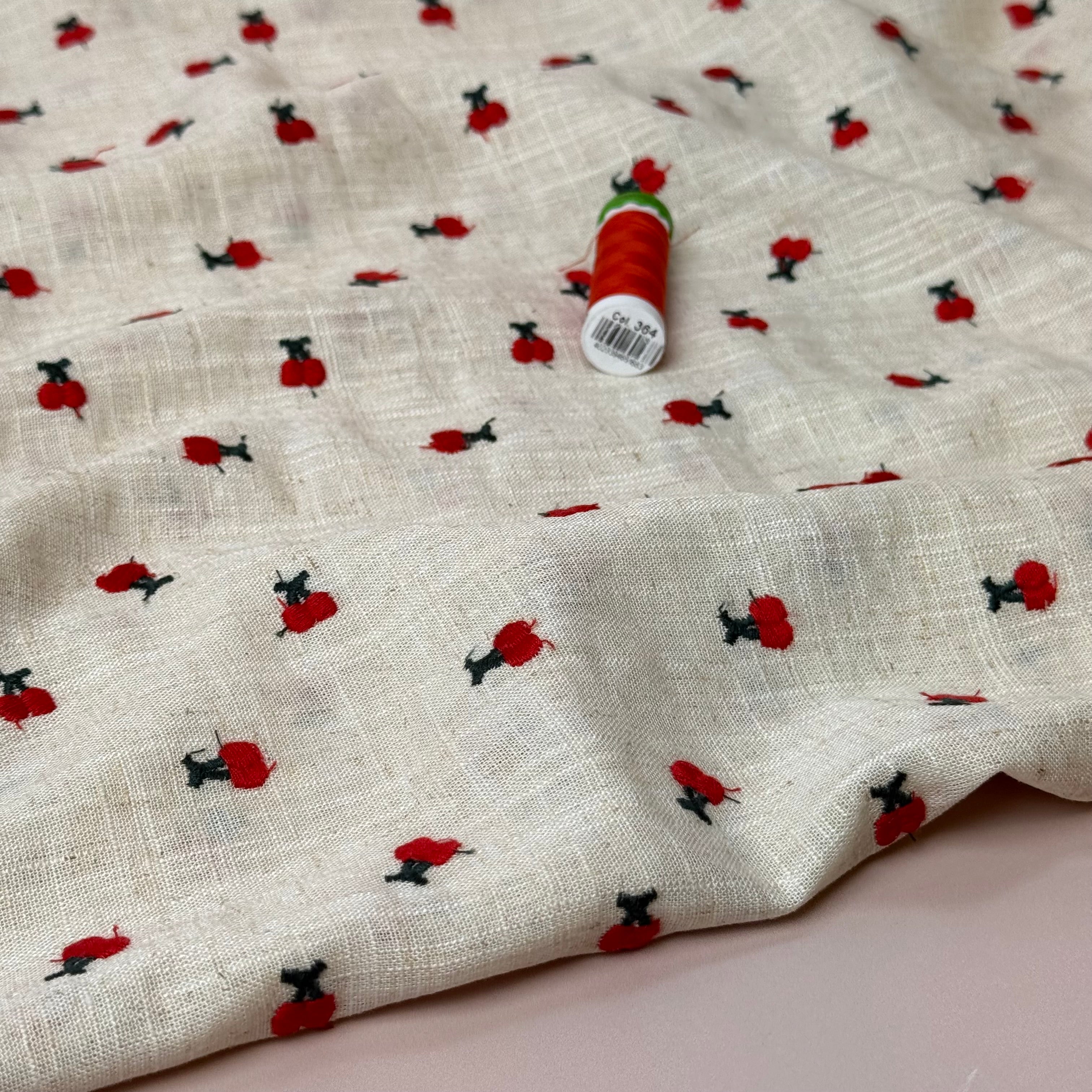 Embroidered Cherries on Natural Viscose Linen Blend Fabric