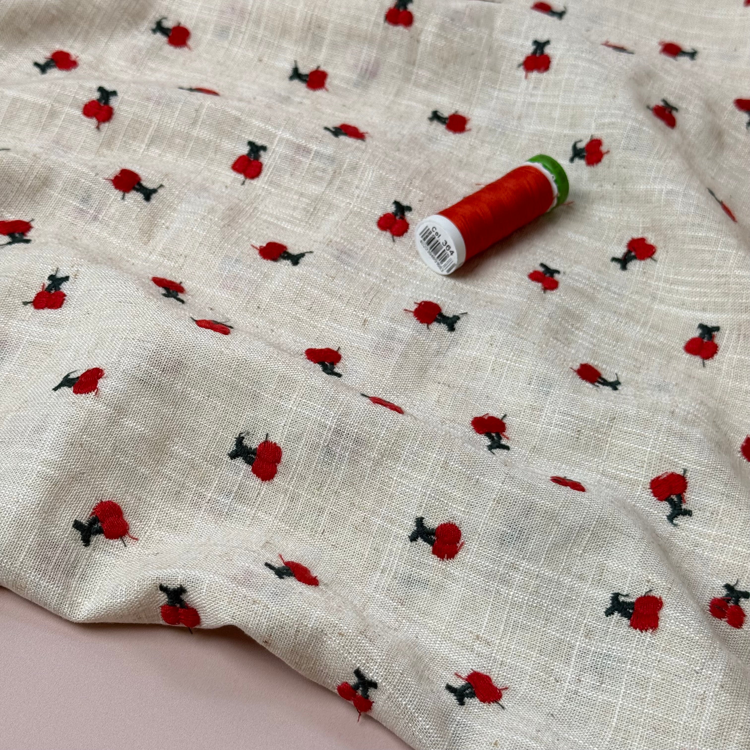 Embroidered Cherries on Natural Viscose Linen Blend Fabric