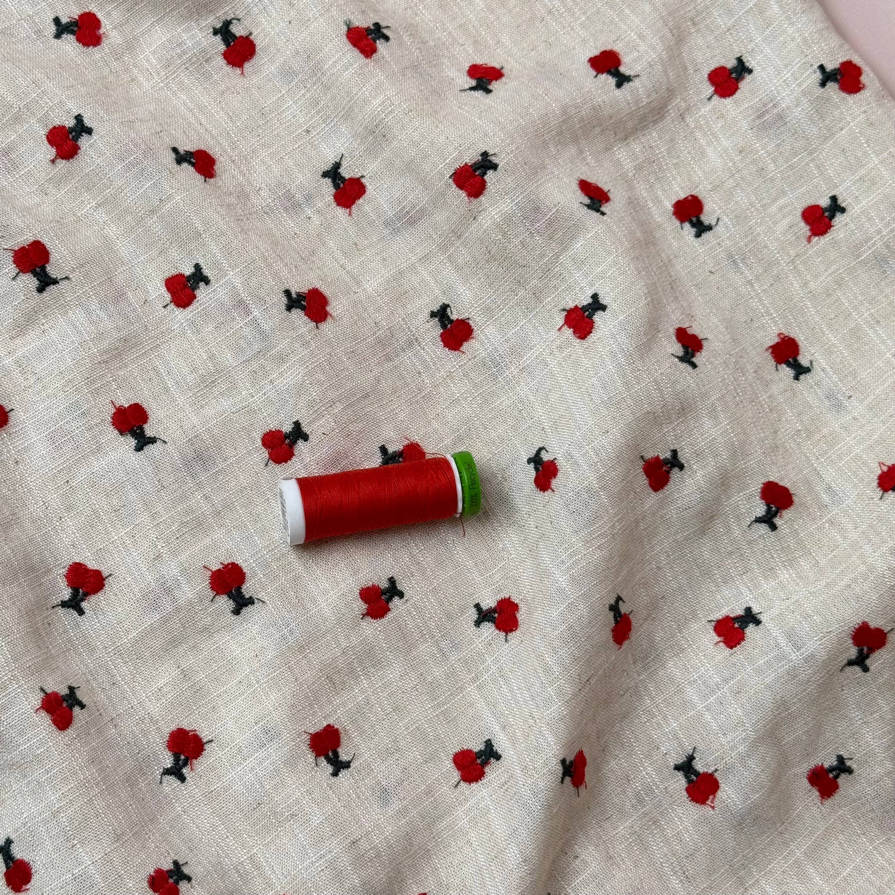 Embroidered Cherries on Natural Viscose Linen Blend Fabric