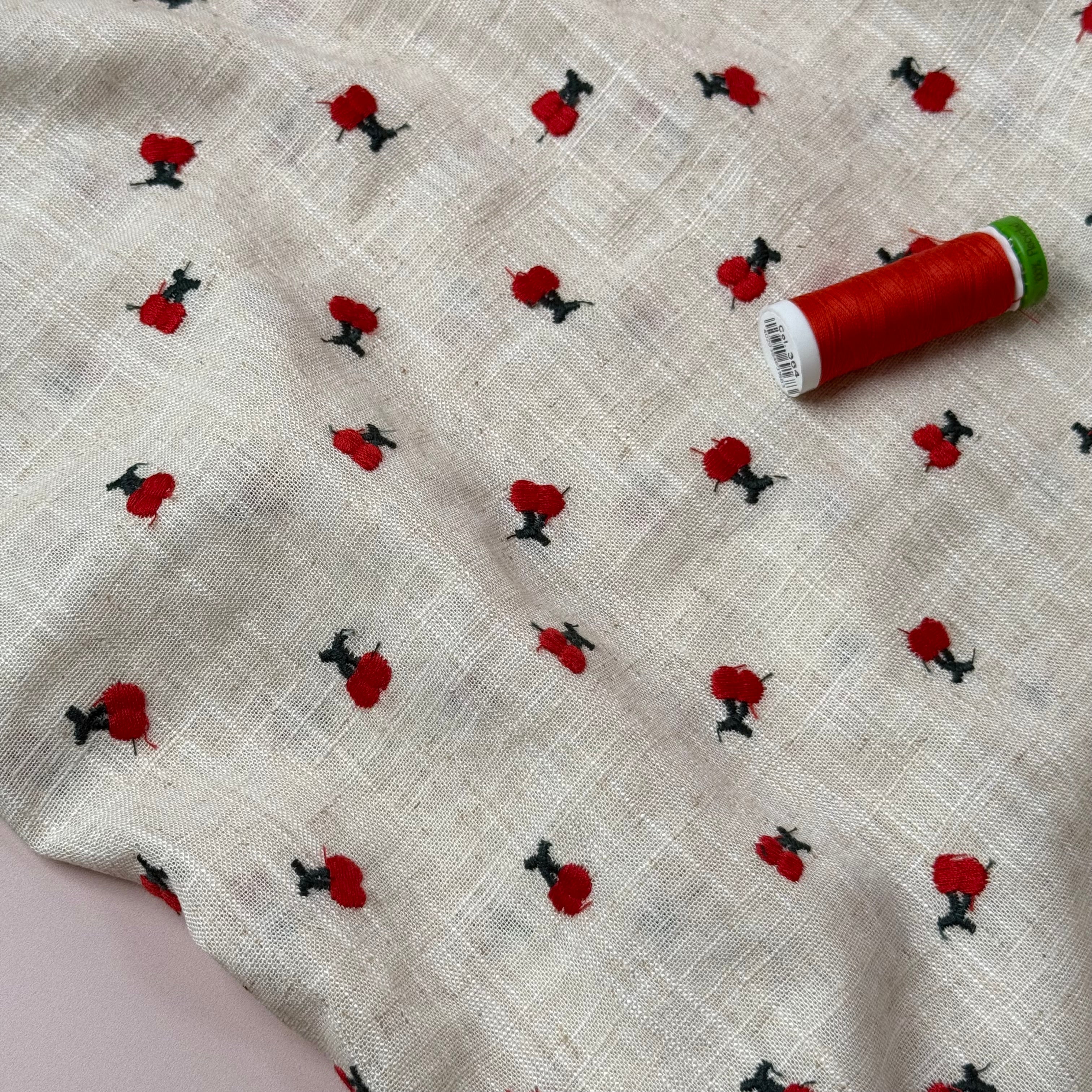 Embroidered Cherries on Natural Viscose Linen Blend Fabric
