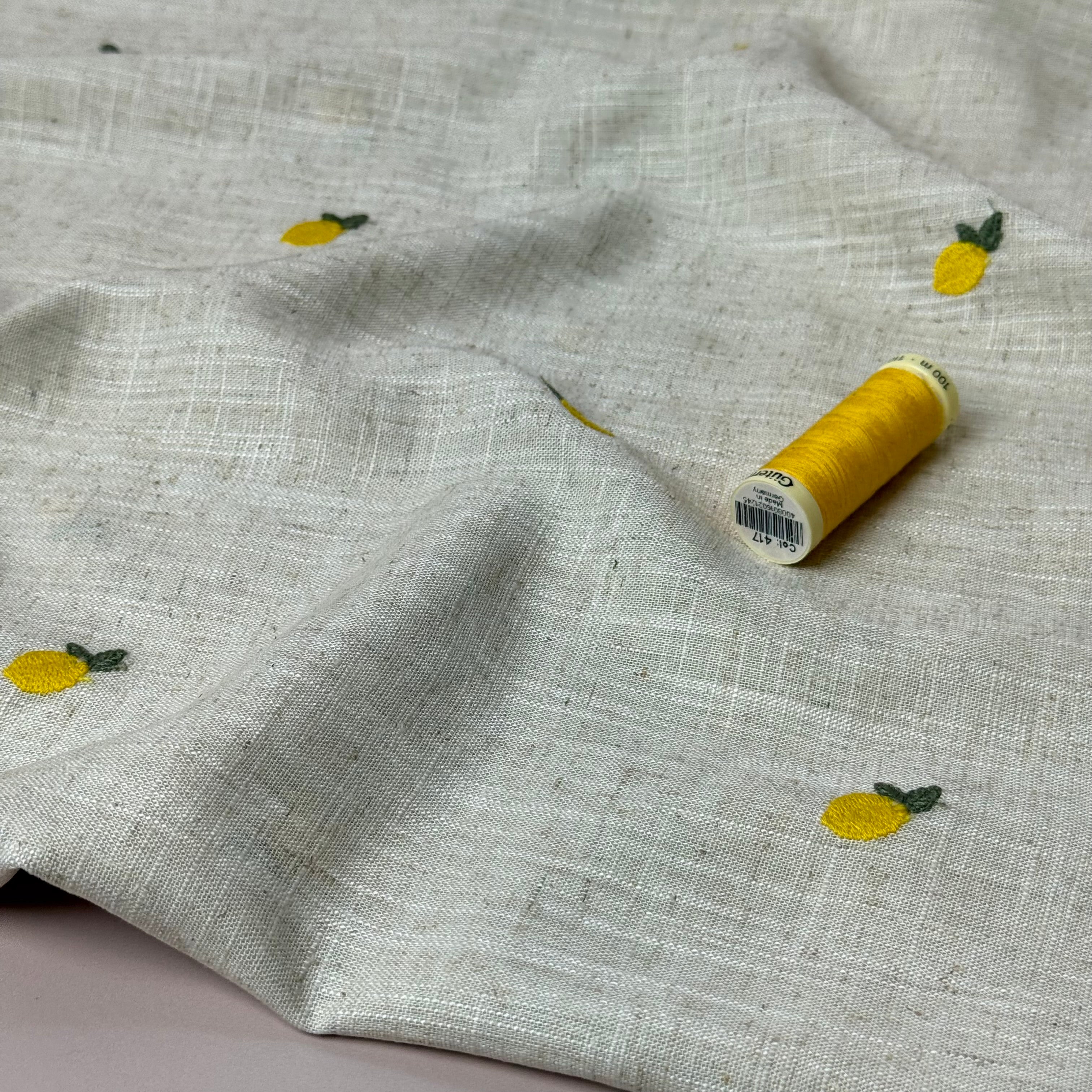 Embroidered Lemons on Natural Viscose Linen Blend Fabric